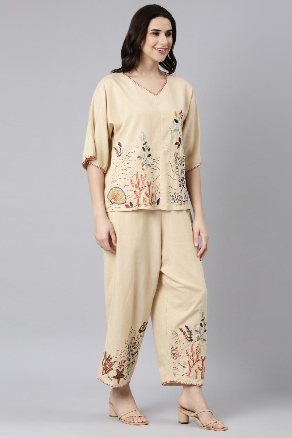 Pale Beige Embroidered Organic Cotton Co-Ord Set