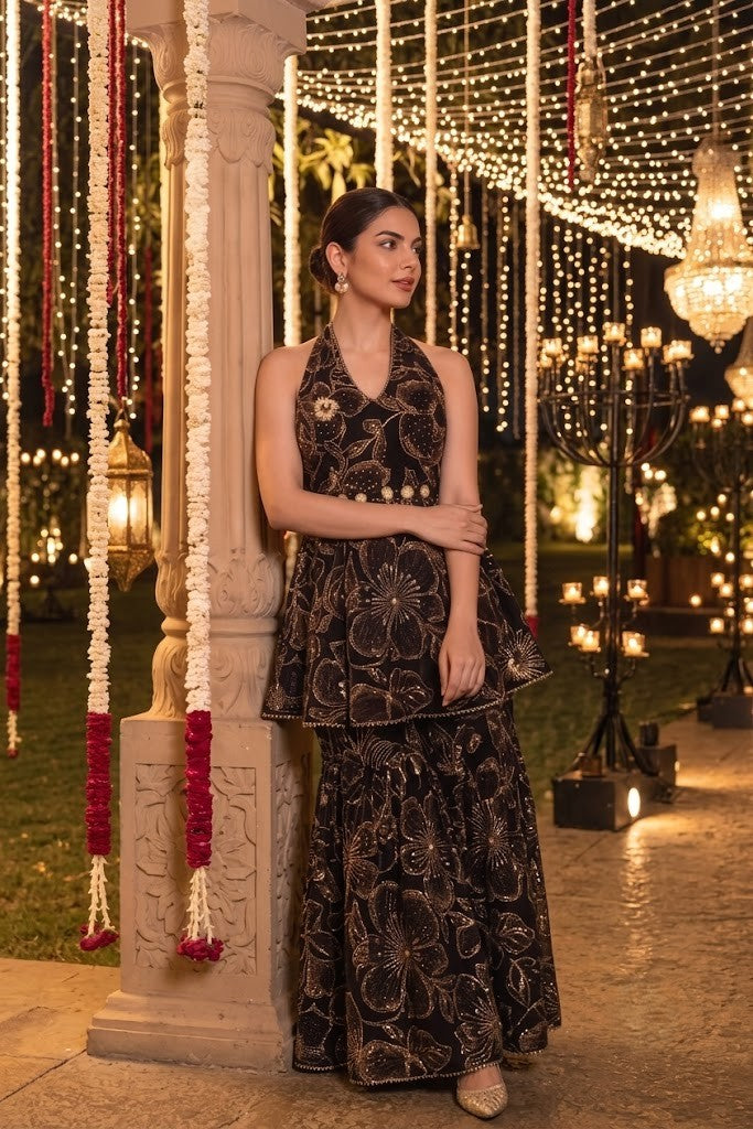 Jet Black Embellished Georgette Silk Sharara Set