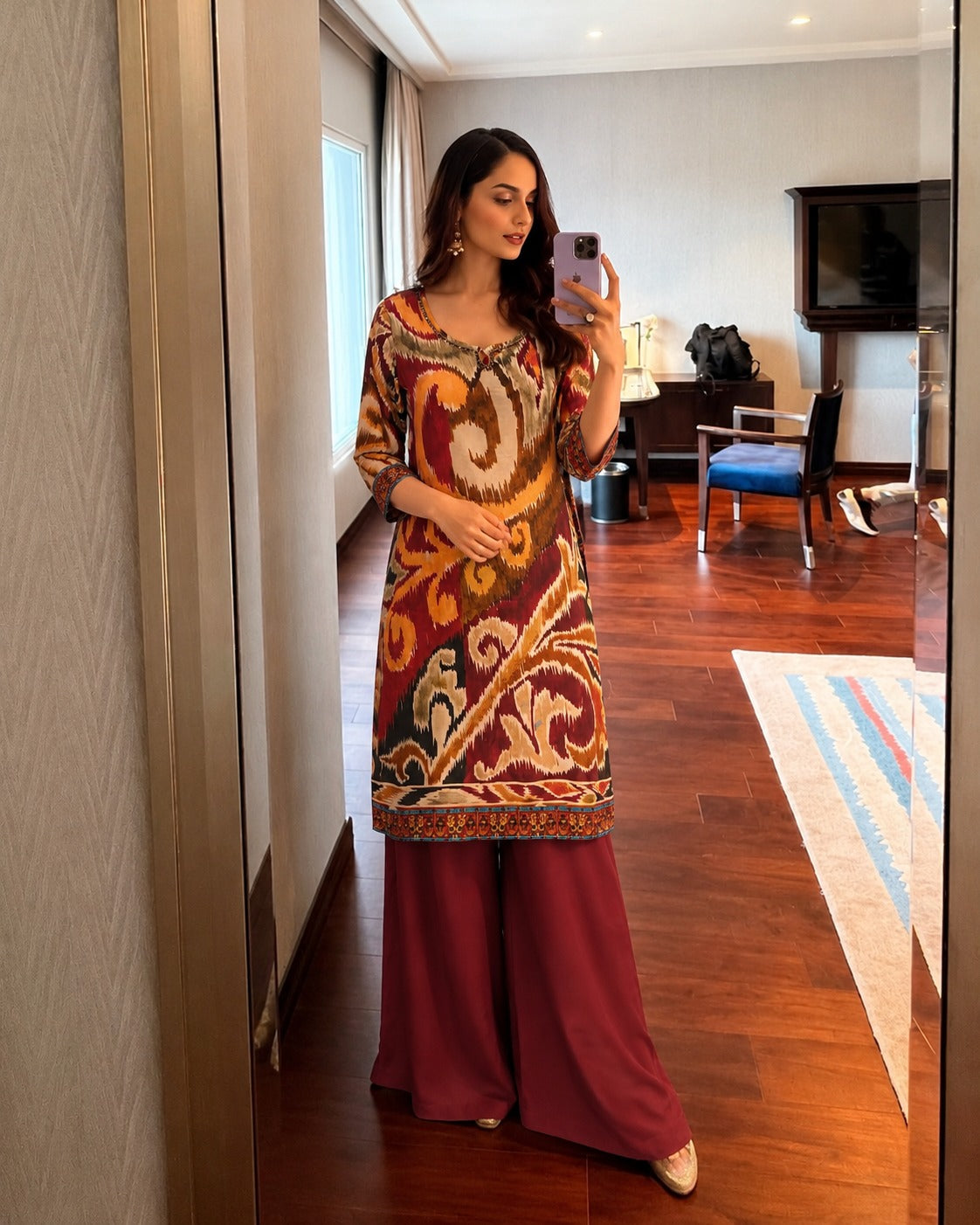 Multicolor Ikat Printed Crepe Silk Kurta Set