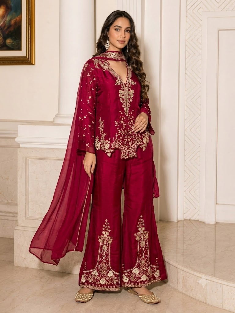 Red Maroon Embellished Organza Silk Palazzo Set