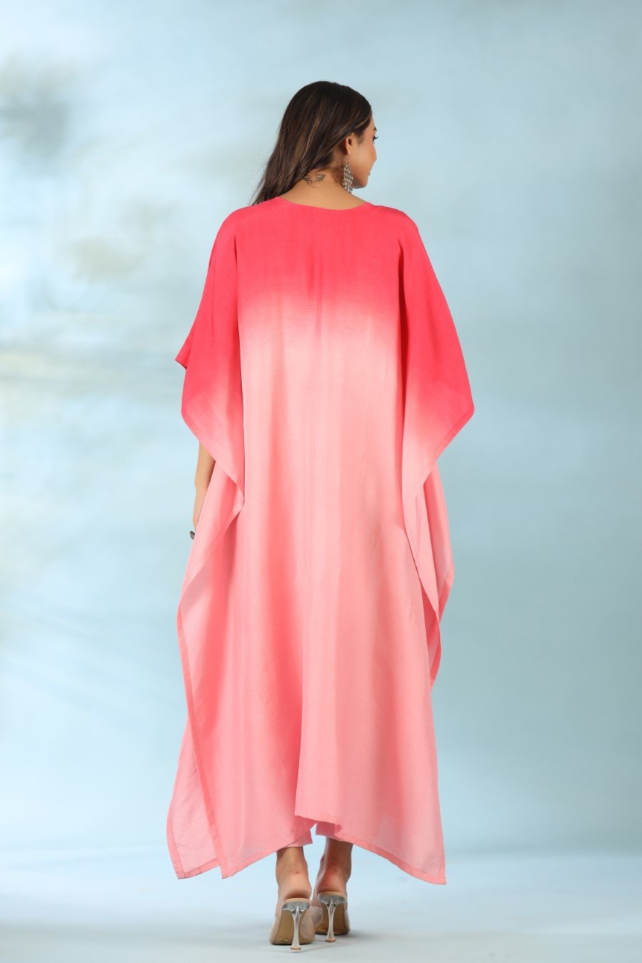 Pink Ombre Mirror Embroidered Kaftan With Pants
