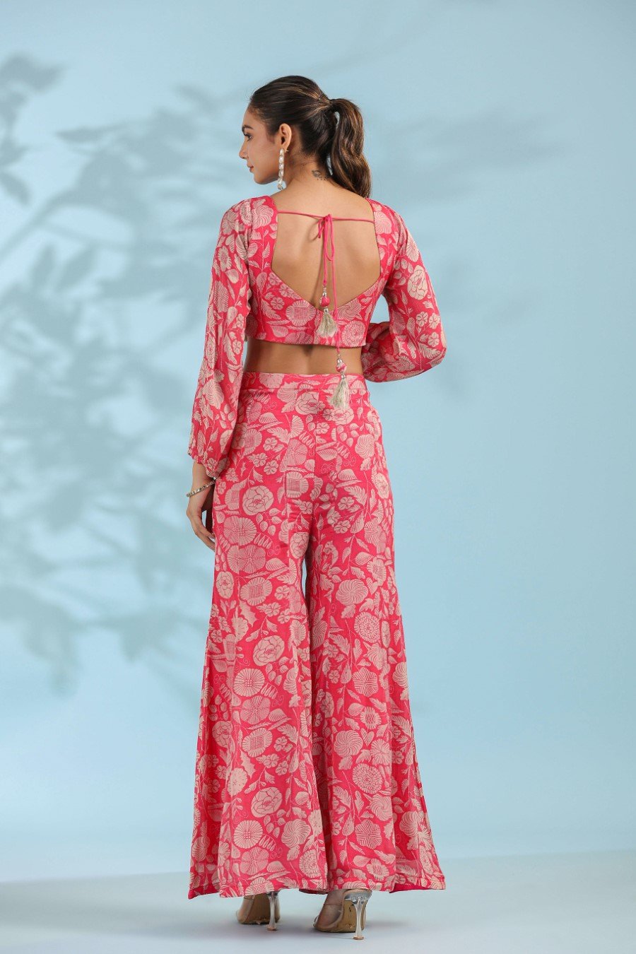 Pink Embellished & Printed Crop Top with Sharara