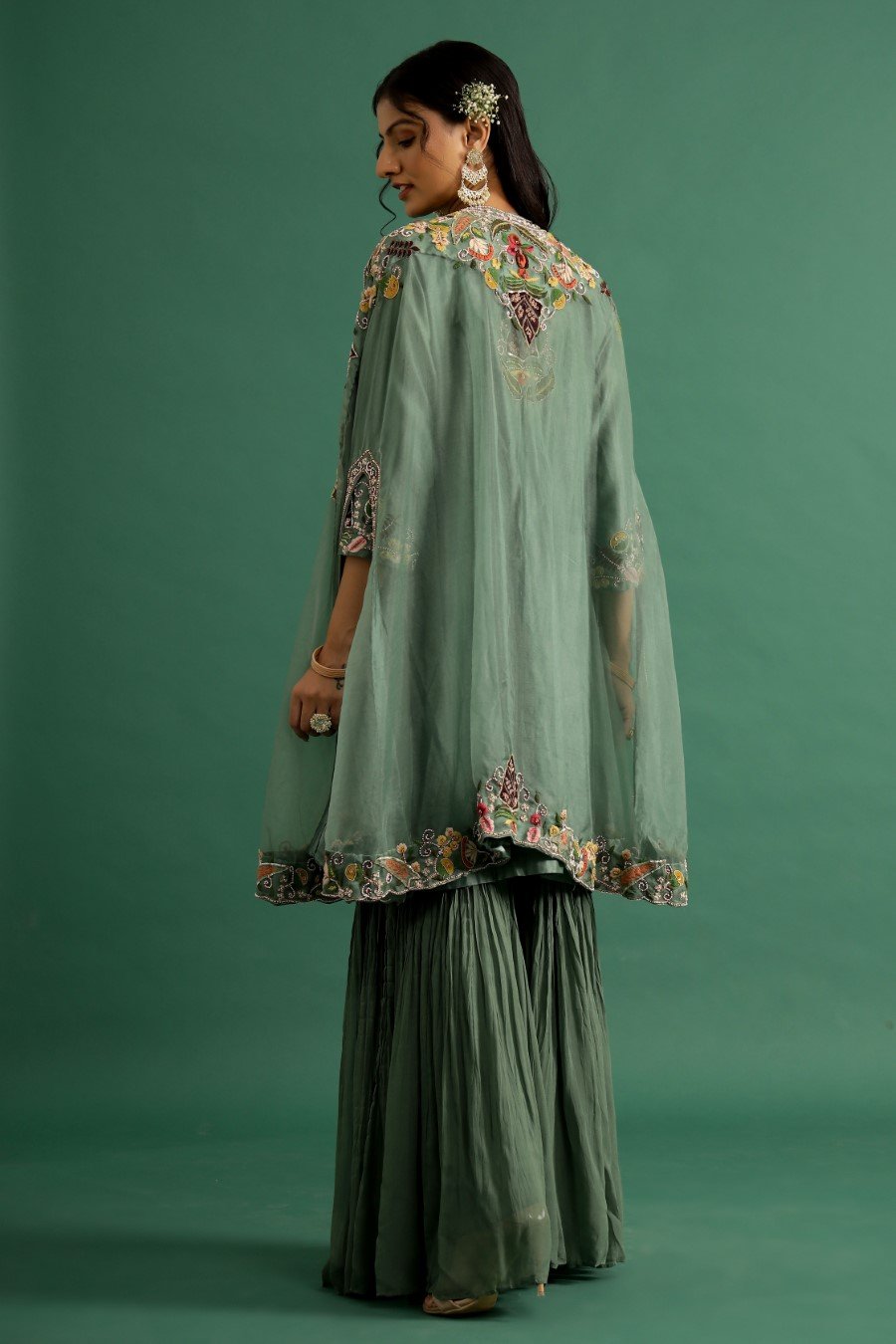 Sage Green Floral Embroidered Sharara Set with Cape