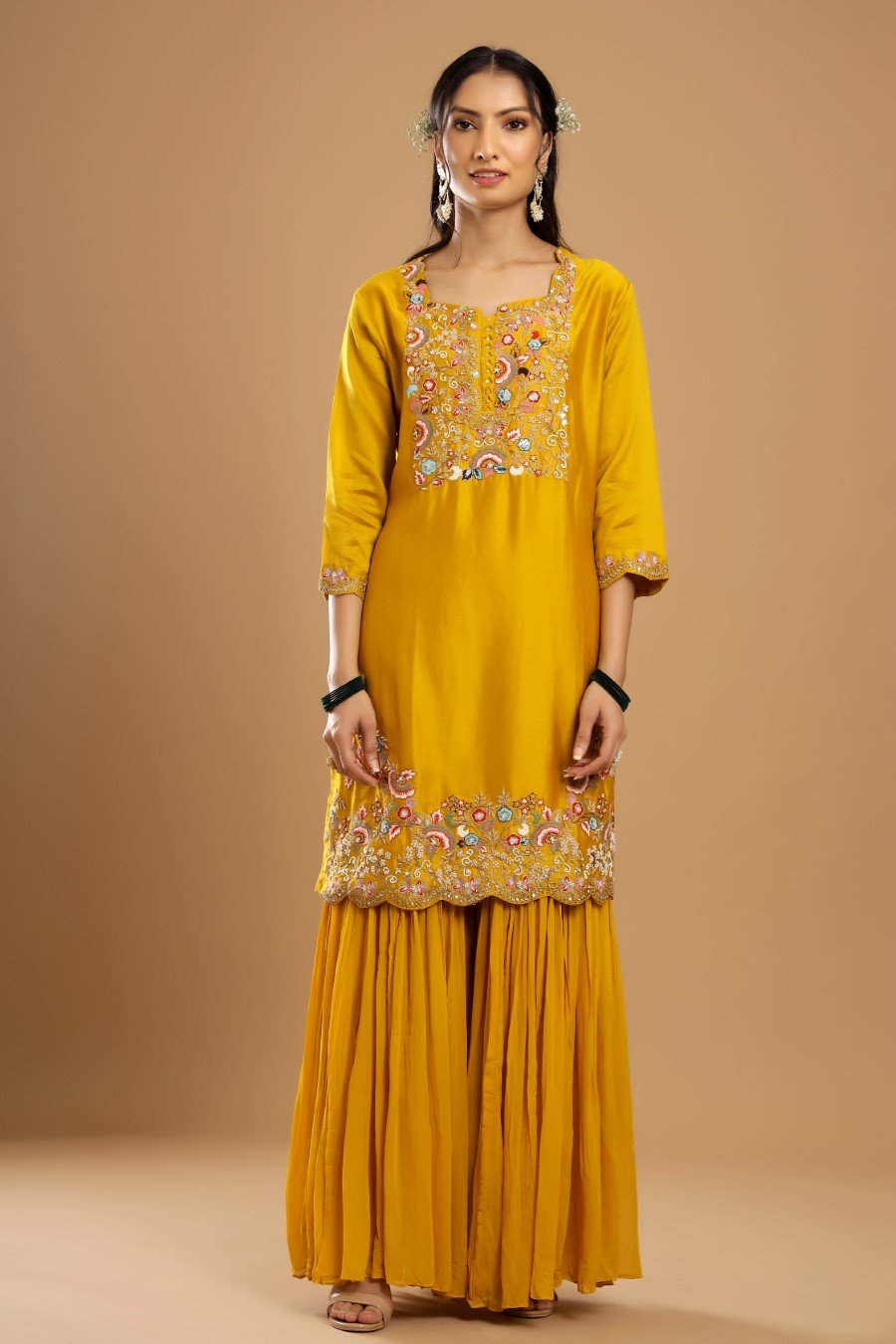 Mustard Modal Chanderi Embroidered Sharara Set