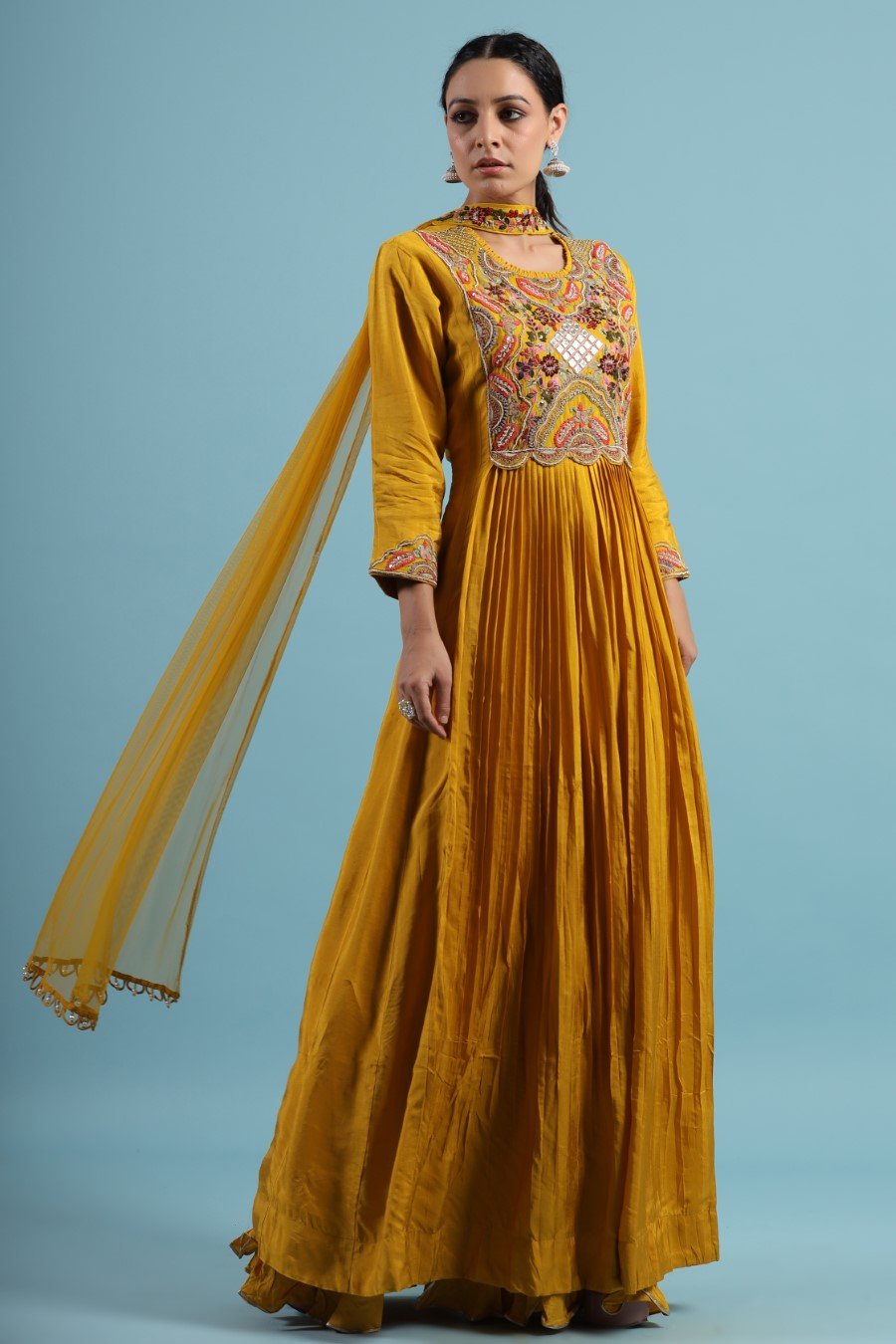 Mustard Kashmiri Silk Embroidered Anarkali with Dupatta