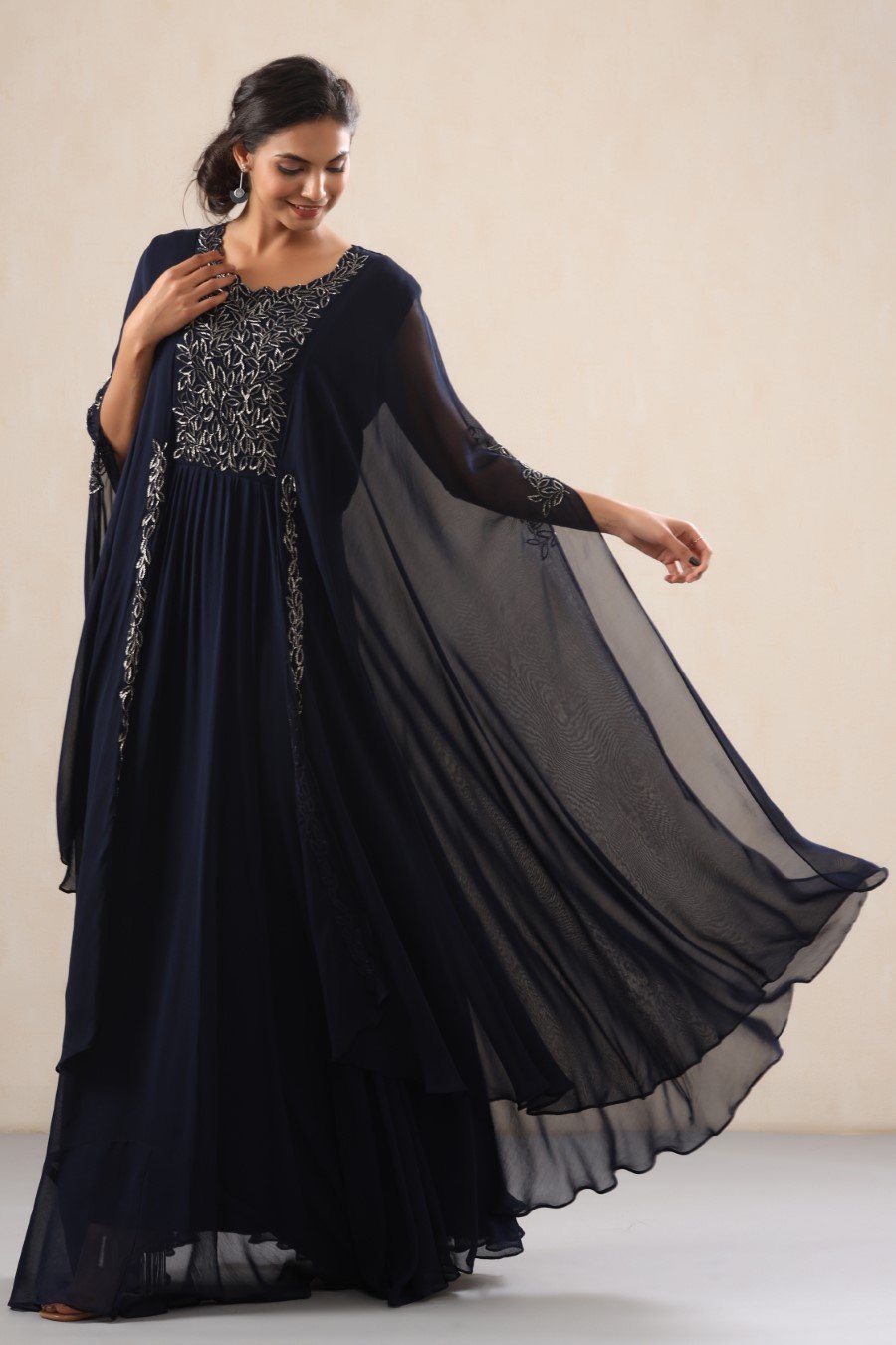 Navy Blue Georgette Embellished Layered Gown