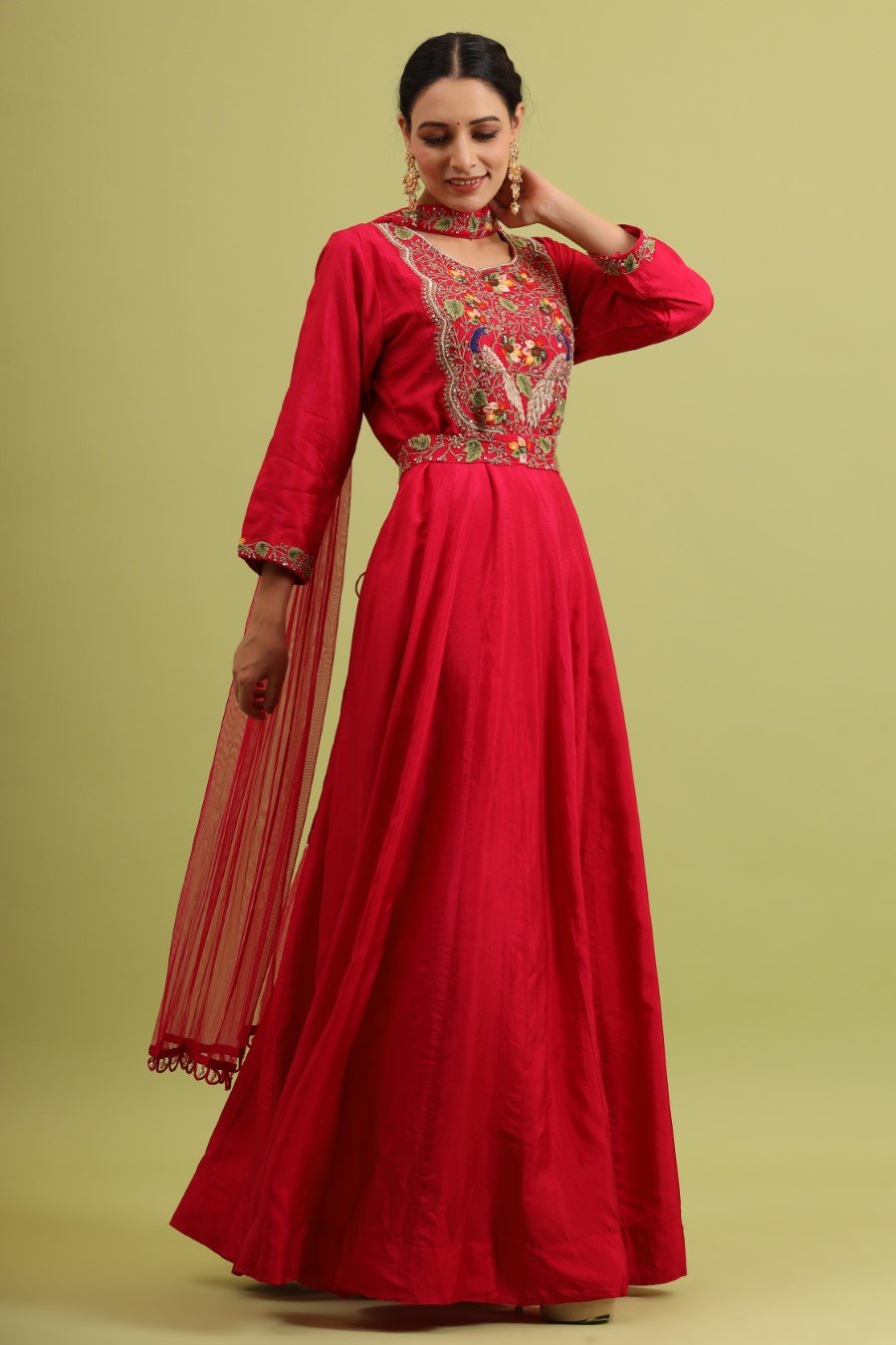 Cerise Pink Kashmiri Silk Embroidered Anarkali with Dupatta