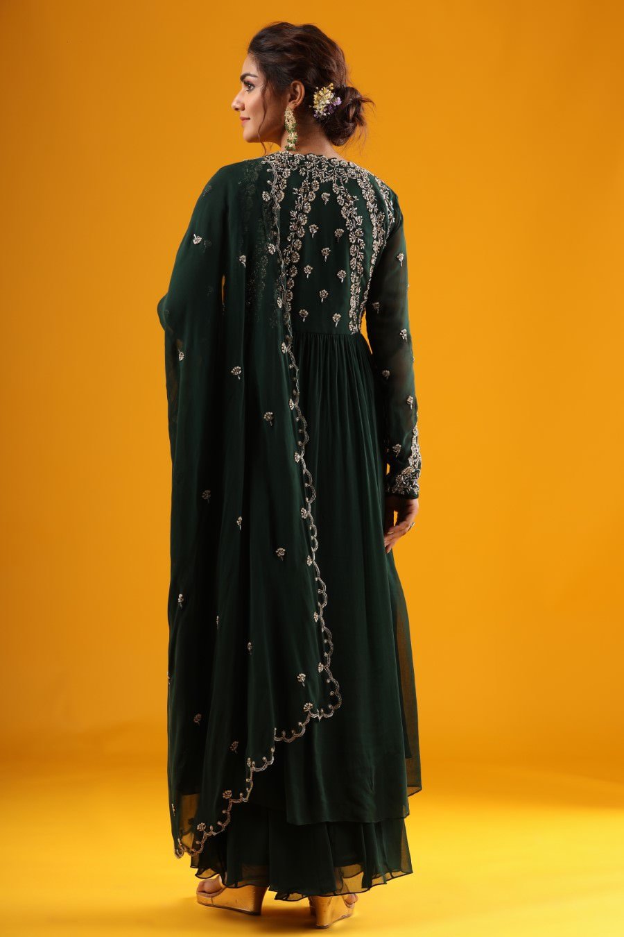 Emerald Green Hand Embroidered Kurta &amp; Palazzo With Dupatta