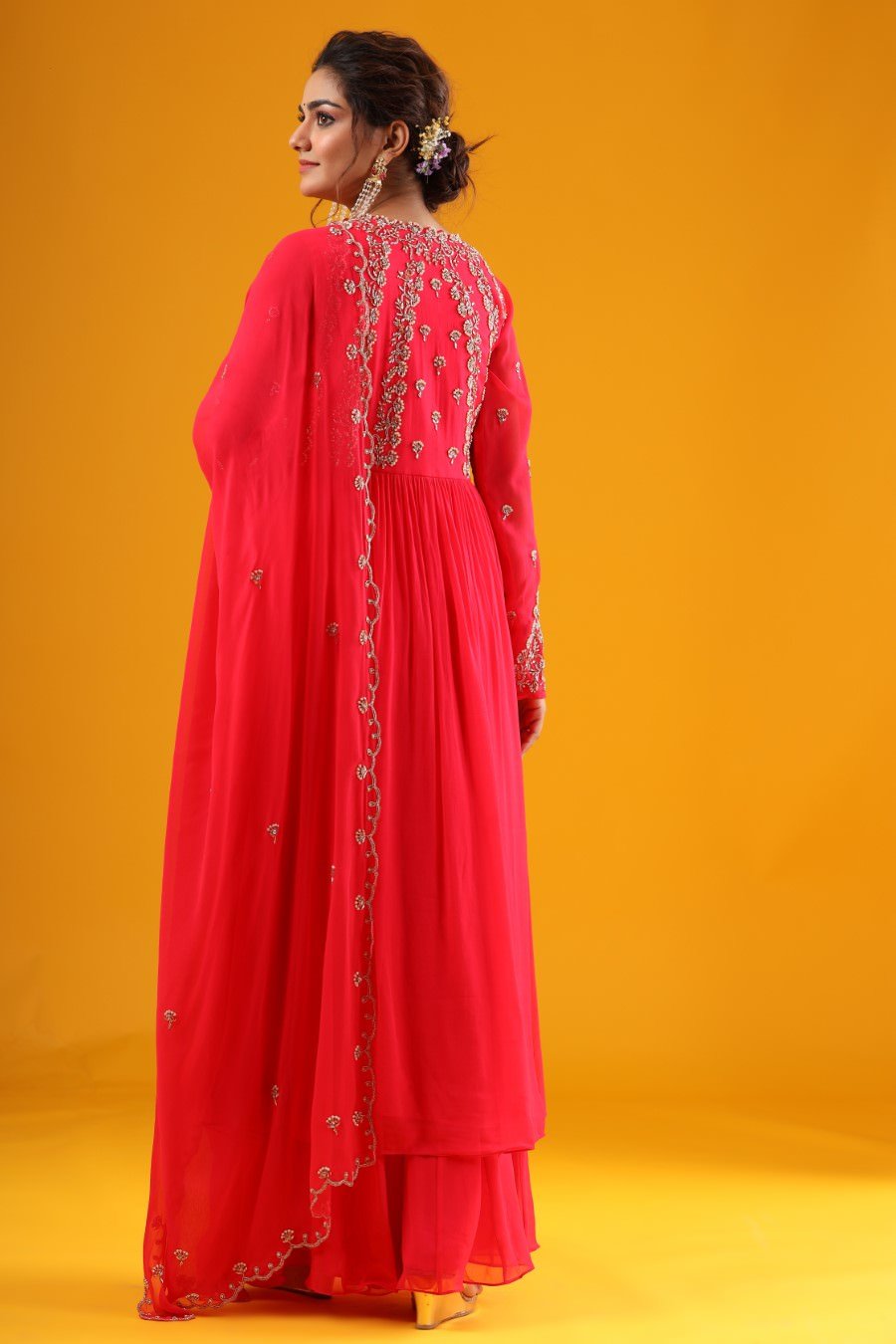 Cherry Pink Hand Embroidered Kurta &amp; Palazzo With Dupatta