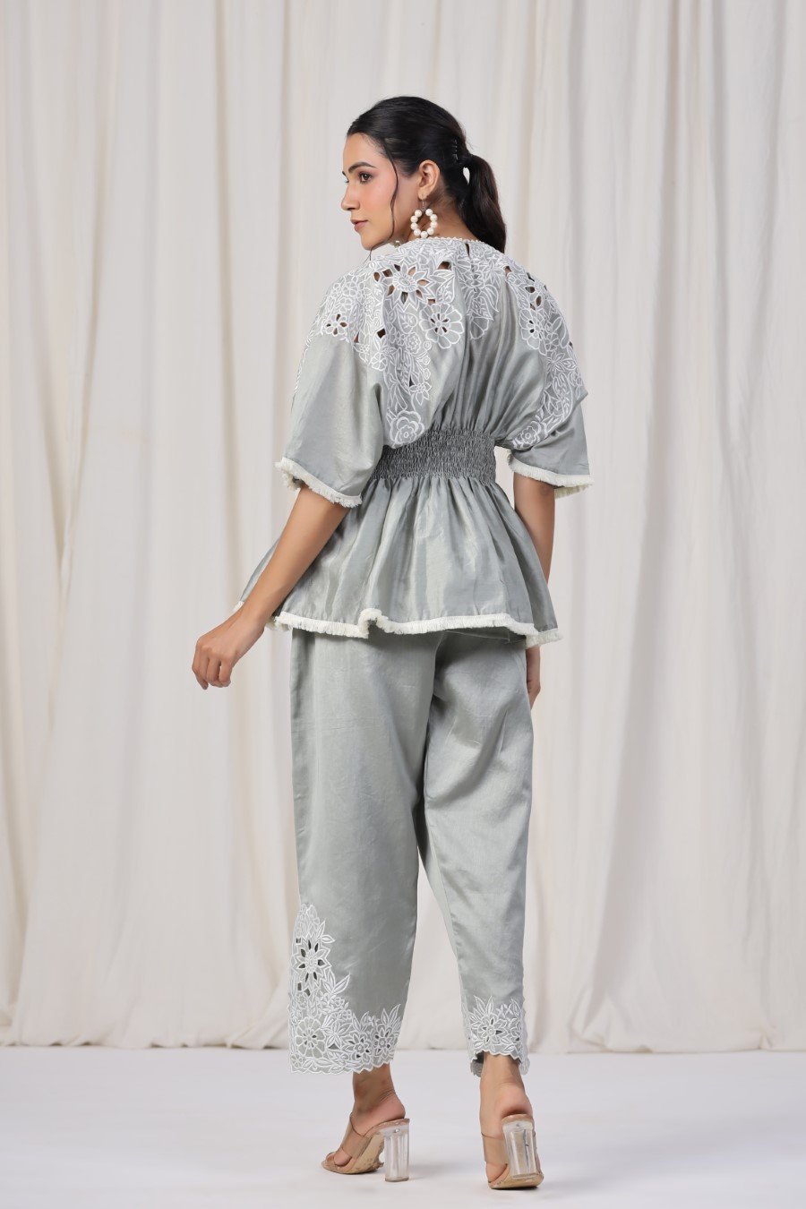 Powder Grey Embroidered Lotus Silk Co-ord Set