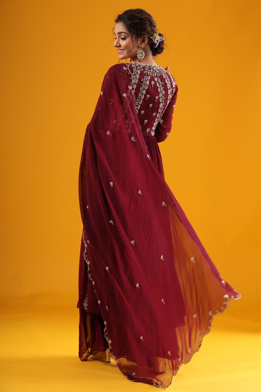 Wine Hand Embroidered Kurta &amp; Palazzo With Dupatta