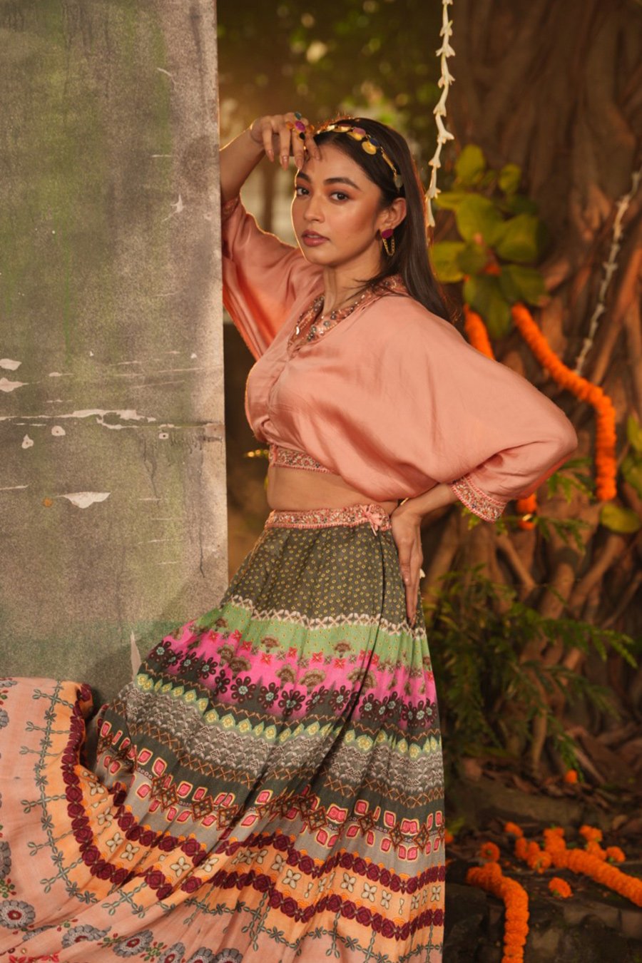 Peach Ethnic Printed Raw Silk Skirt Top