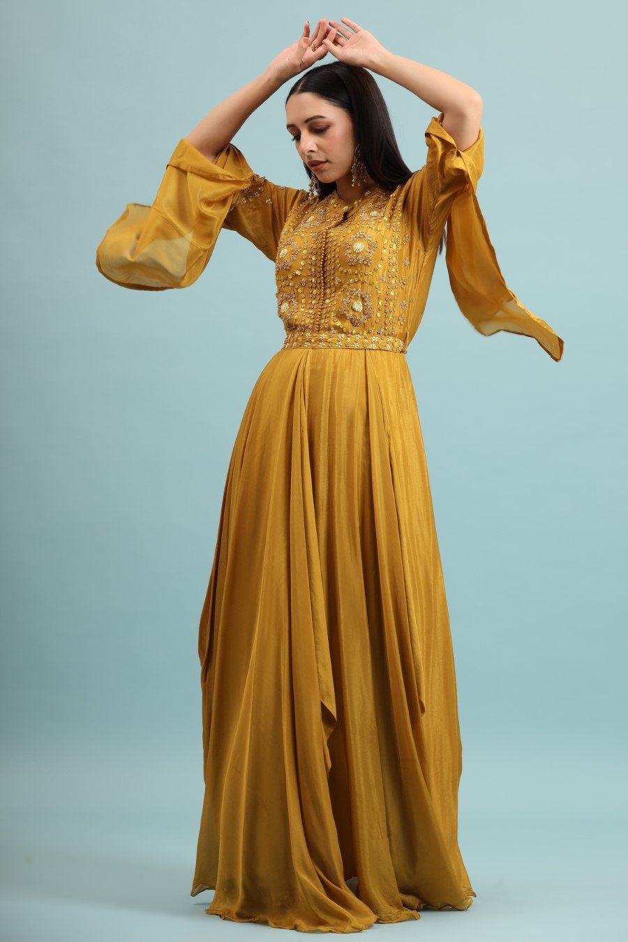 Mustard Embellished Chinon Silk Gown