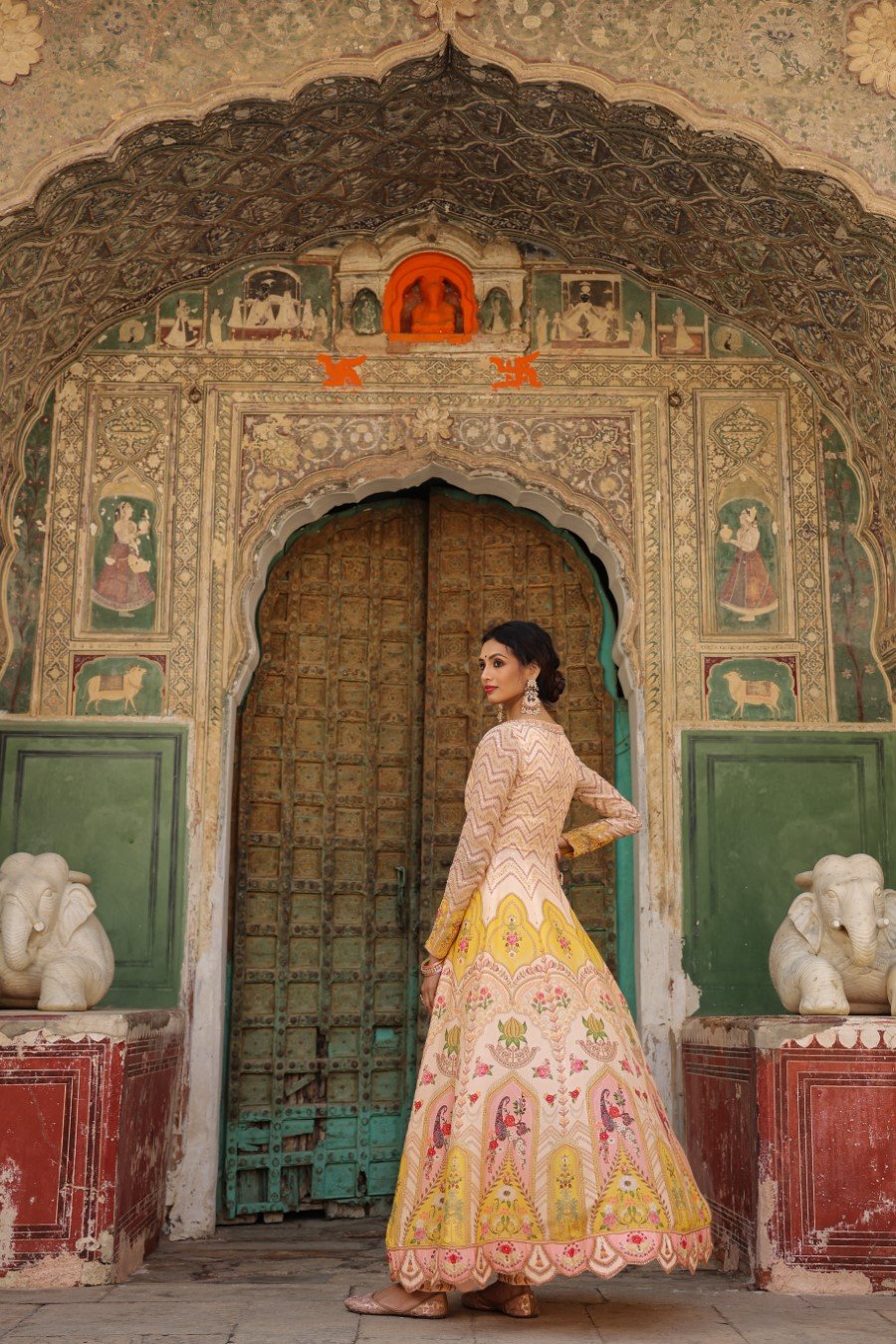 Peach Mughal Printed Chanderi Anarkali with Pants