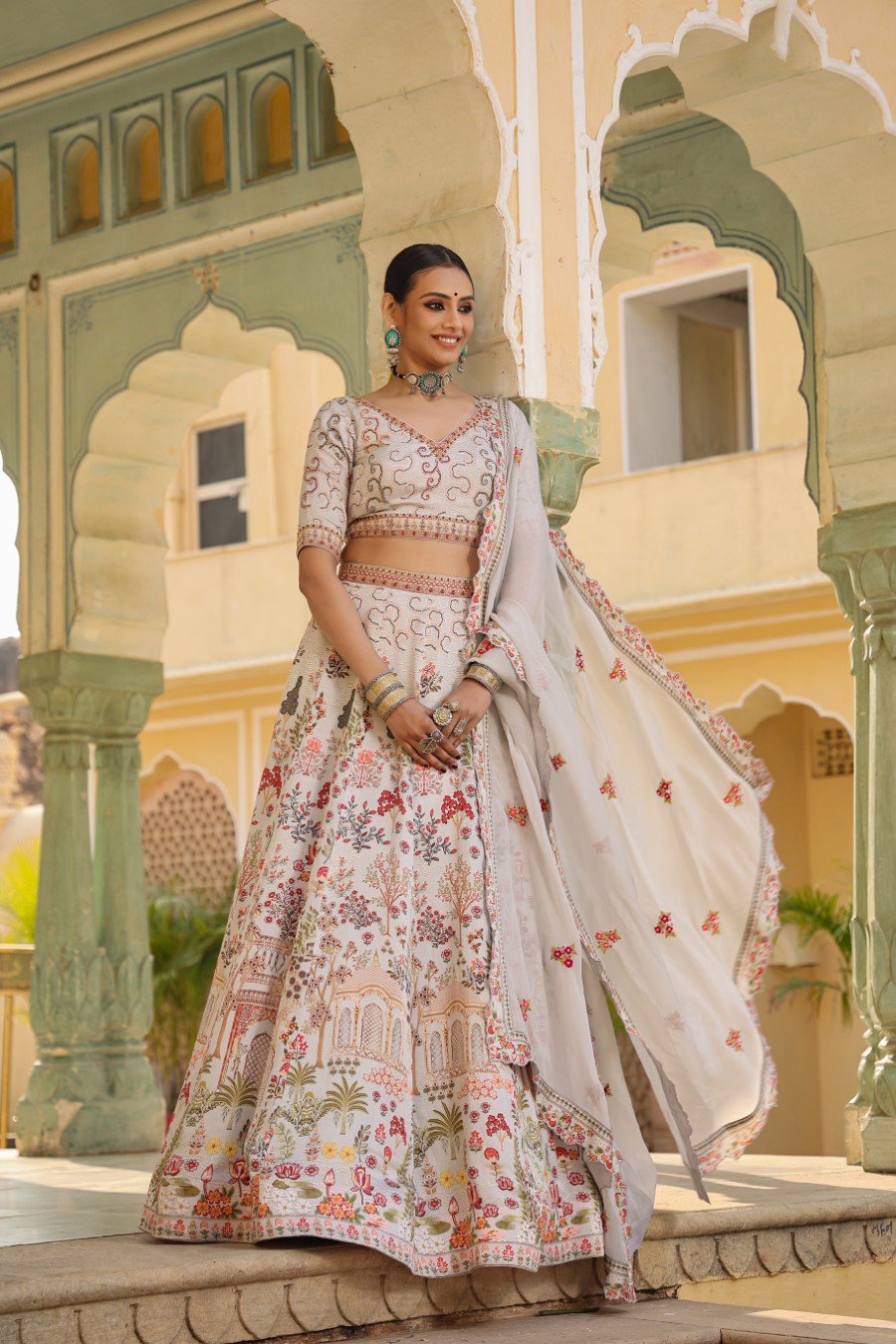 Cream Mughal Raw Silk Lehenga Set