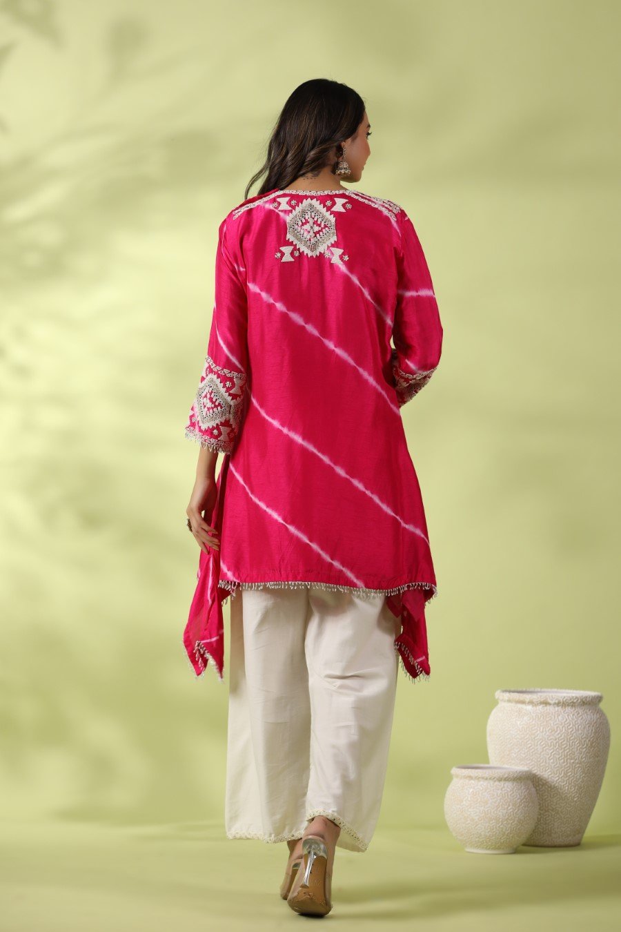 Pink Tie-dyed &amp; Embroidered Asymmetrical Kurta with Palazzo