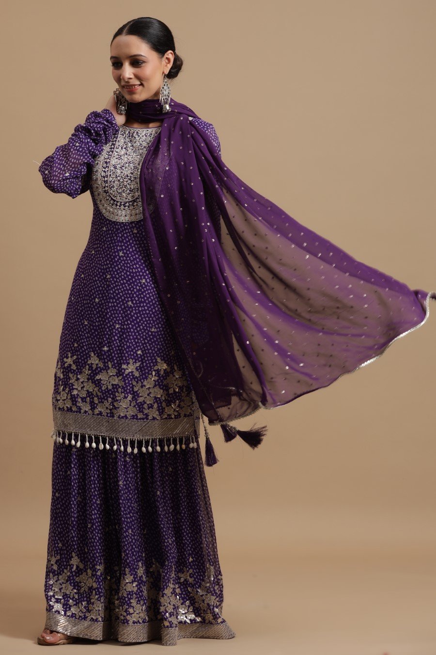 Purple Bandhej Printed &amp; Embroidered Sharara Set