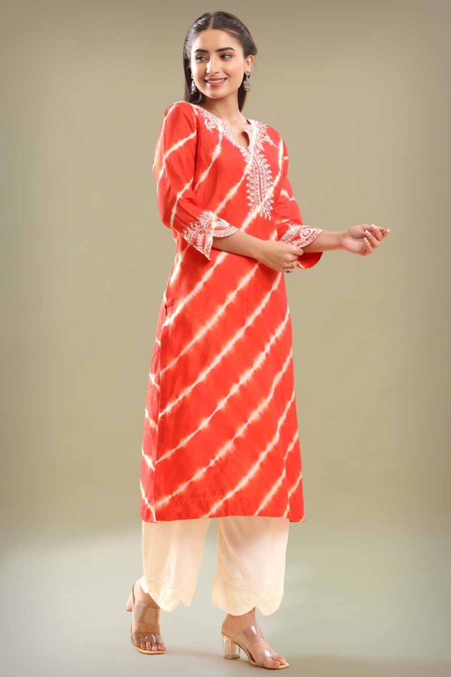 Orange Leheriya Embroidered Kurta And Palazzo Set