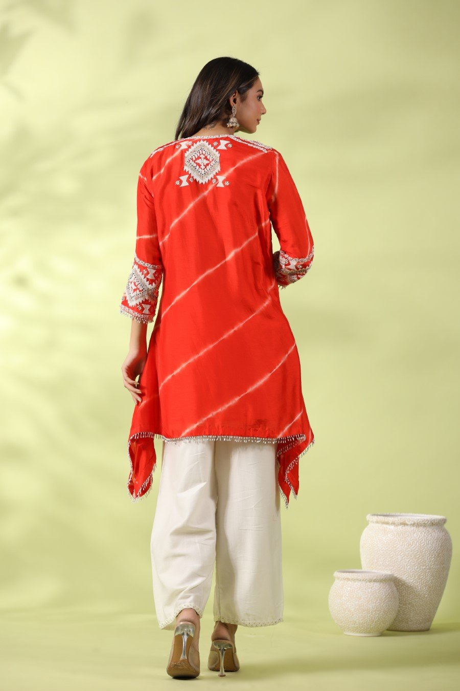 Orange Tie-dyed &amp; Embroidered Asymmetrical Kurta with Palazzo