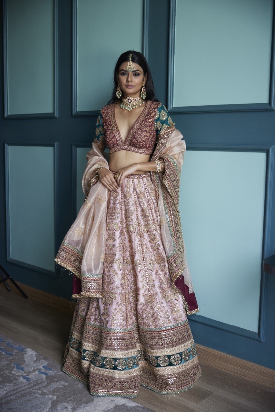 Pastel Pink Brocade Embroidered Lehenga