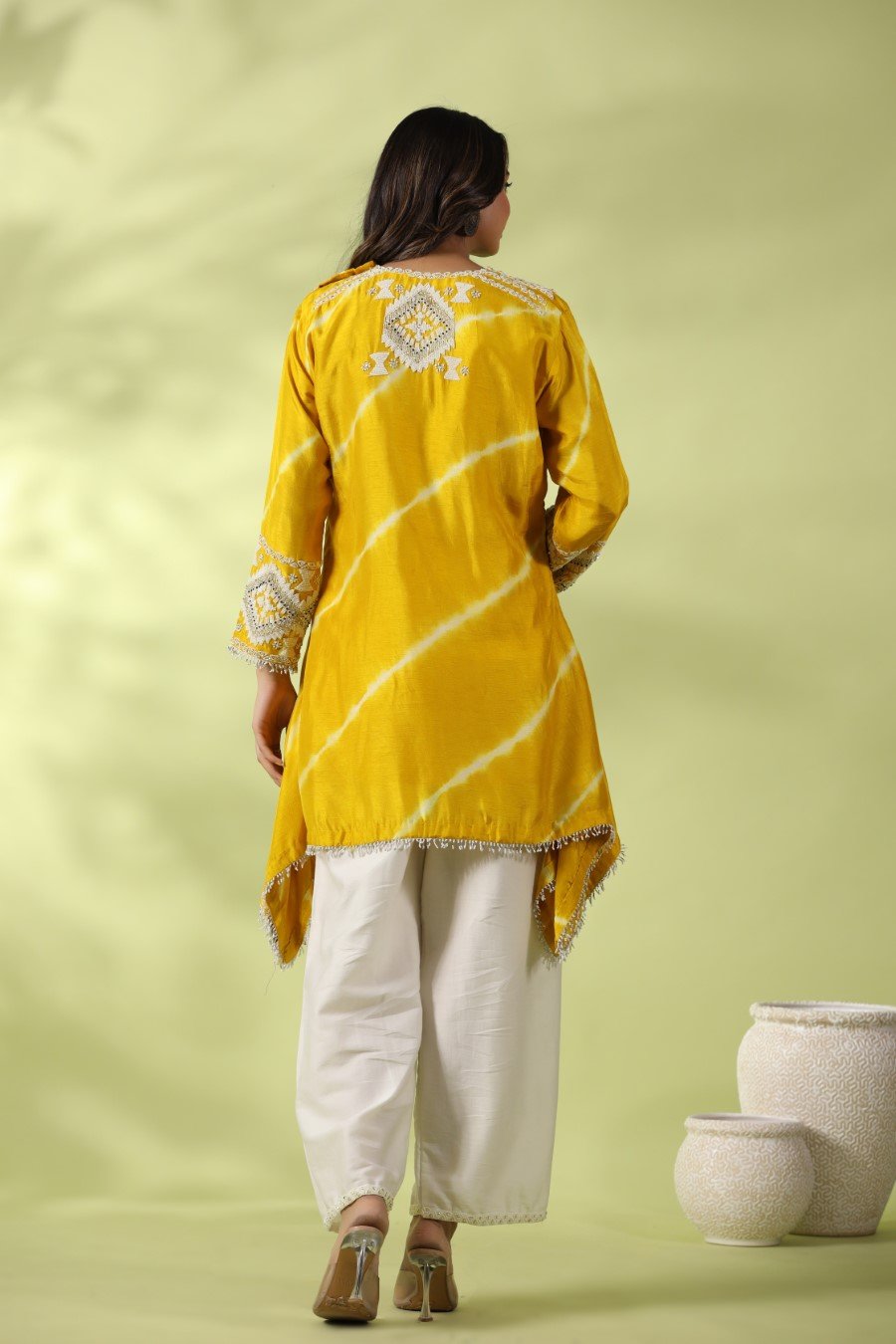 Yellow Tie-dyed &amp; Embroidered Asymmetrical Kurta with Palazzo