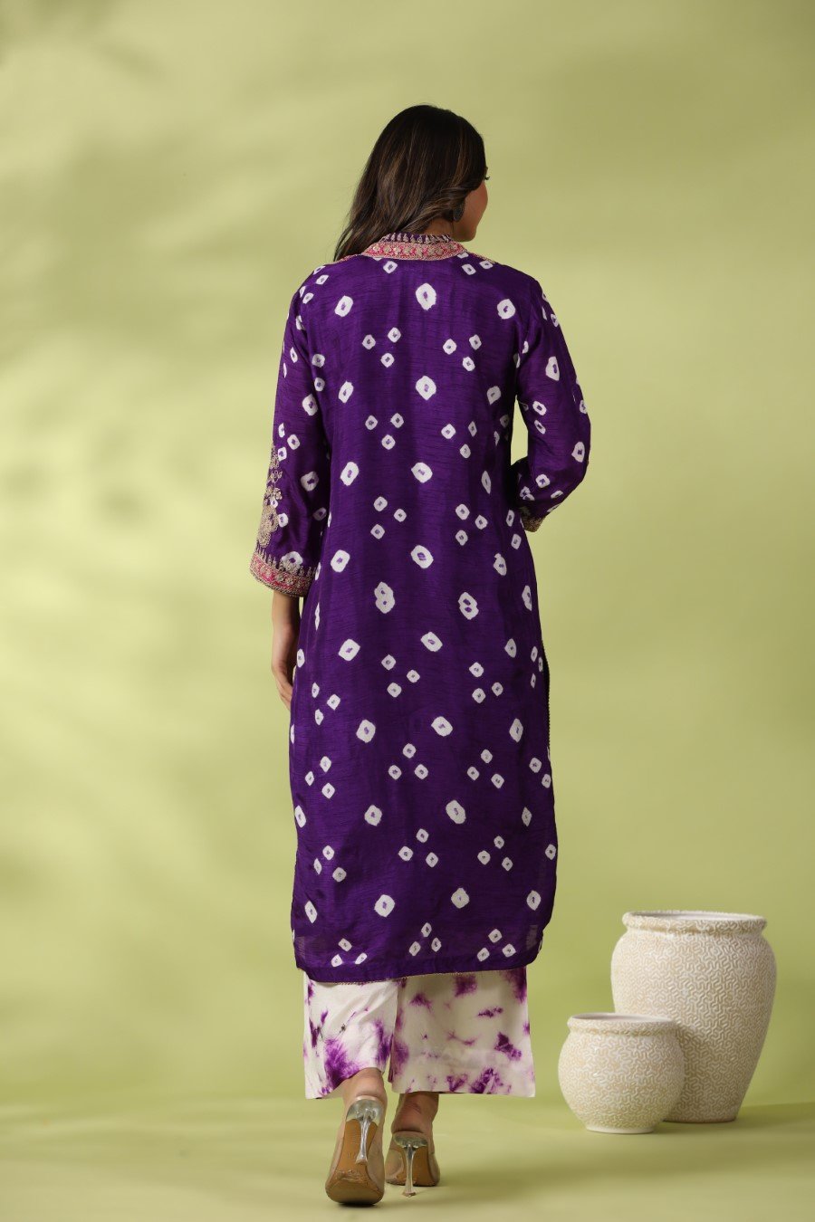 Purple Bandhej &amp; Zari Embroidered Kurta with Palazzo