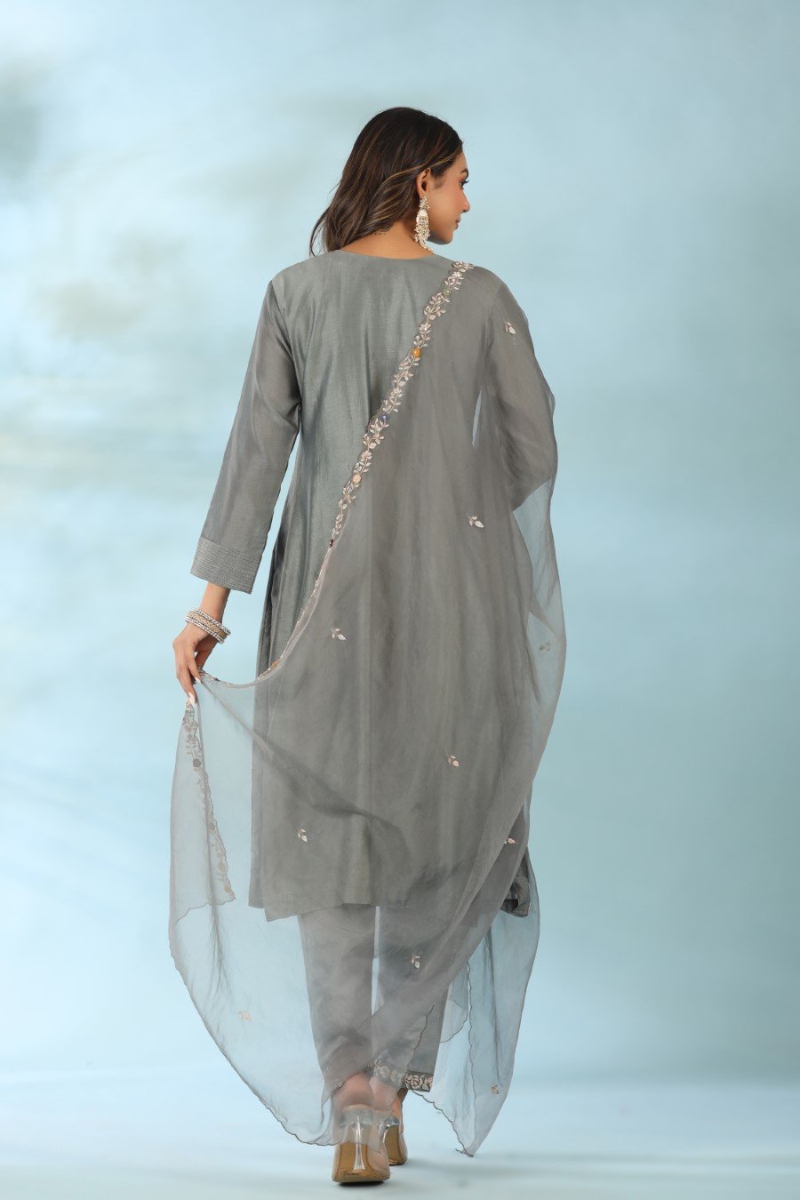 Grey Organza Silk Embroidered Kurta Set