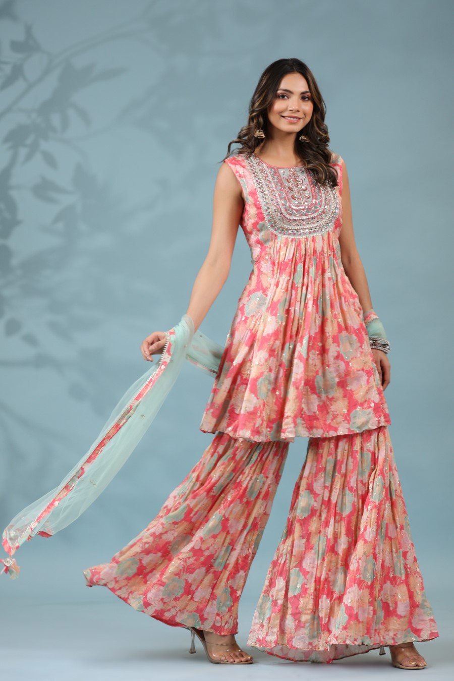 Pink Floral Embellished Sharara Set