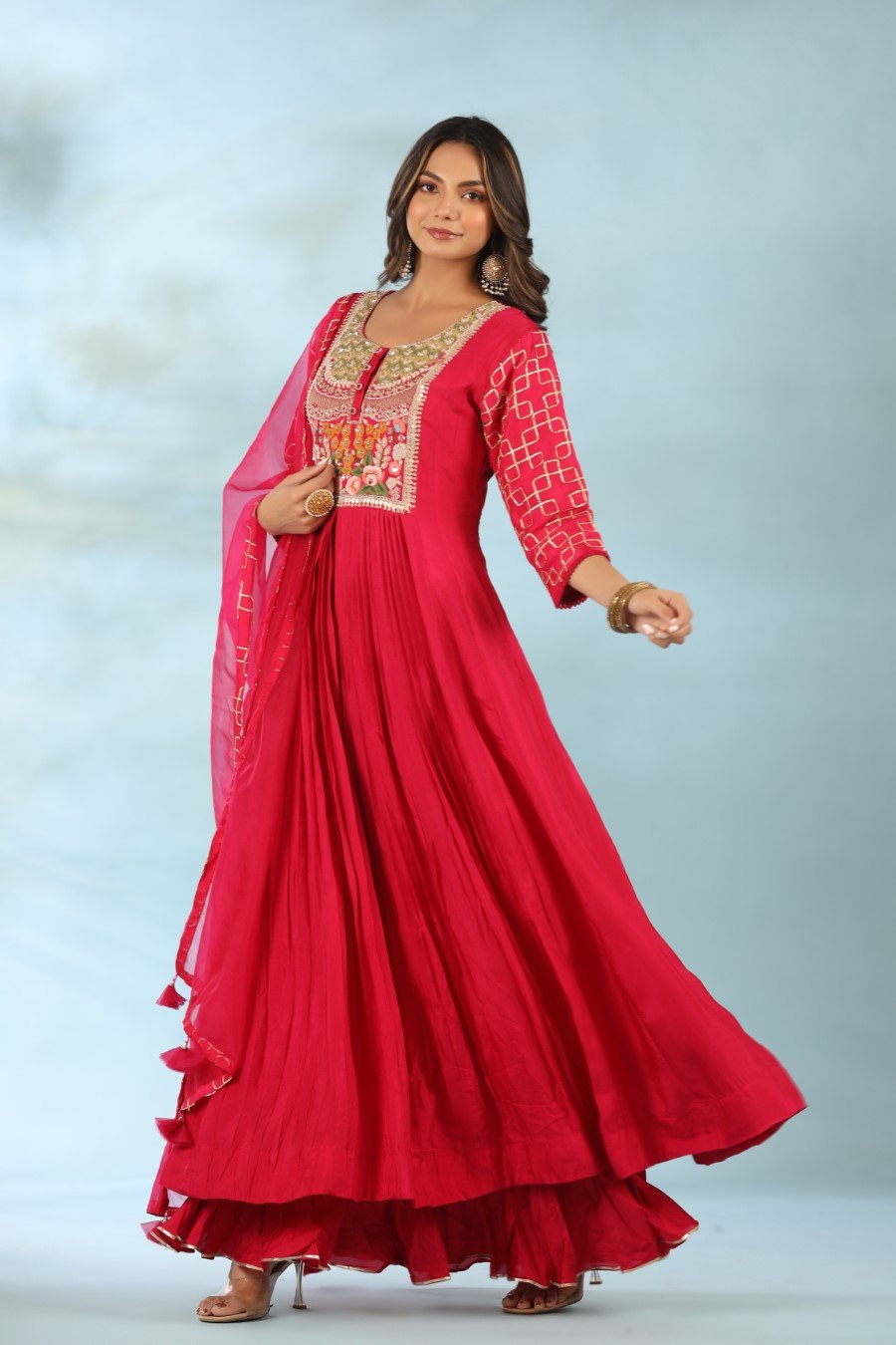 Rani Pink Modal Silk Anarkali with Dupatta