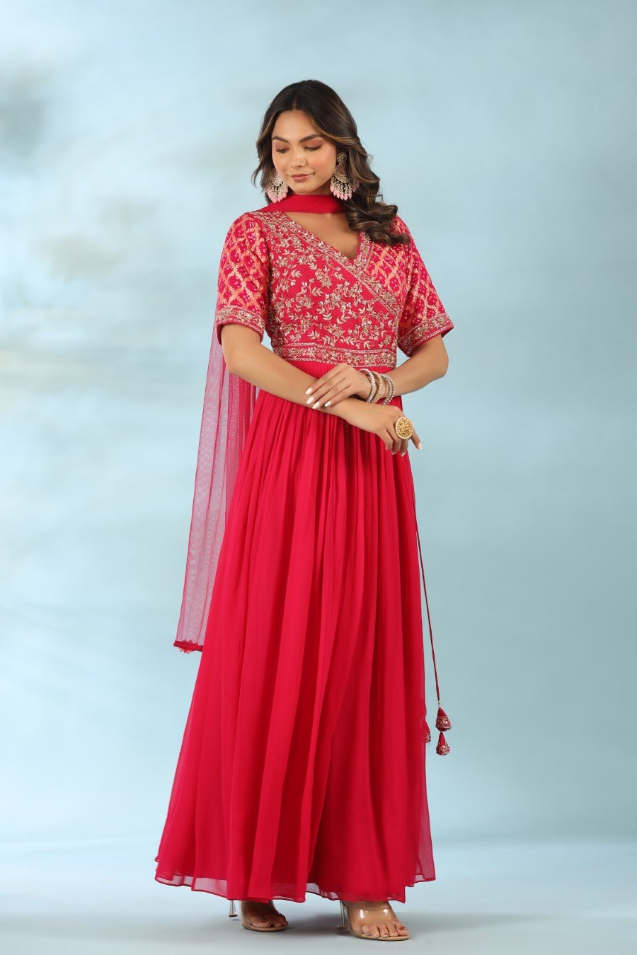 Deep Pink Hand Embriodered Anarkali with Dupatta