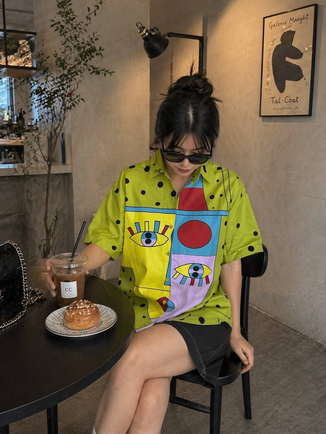 Electric Lime Abstract Face Print Cotton Shirt