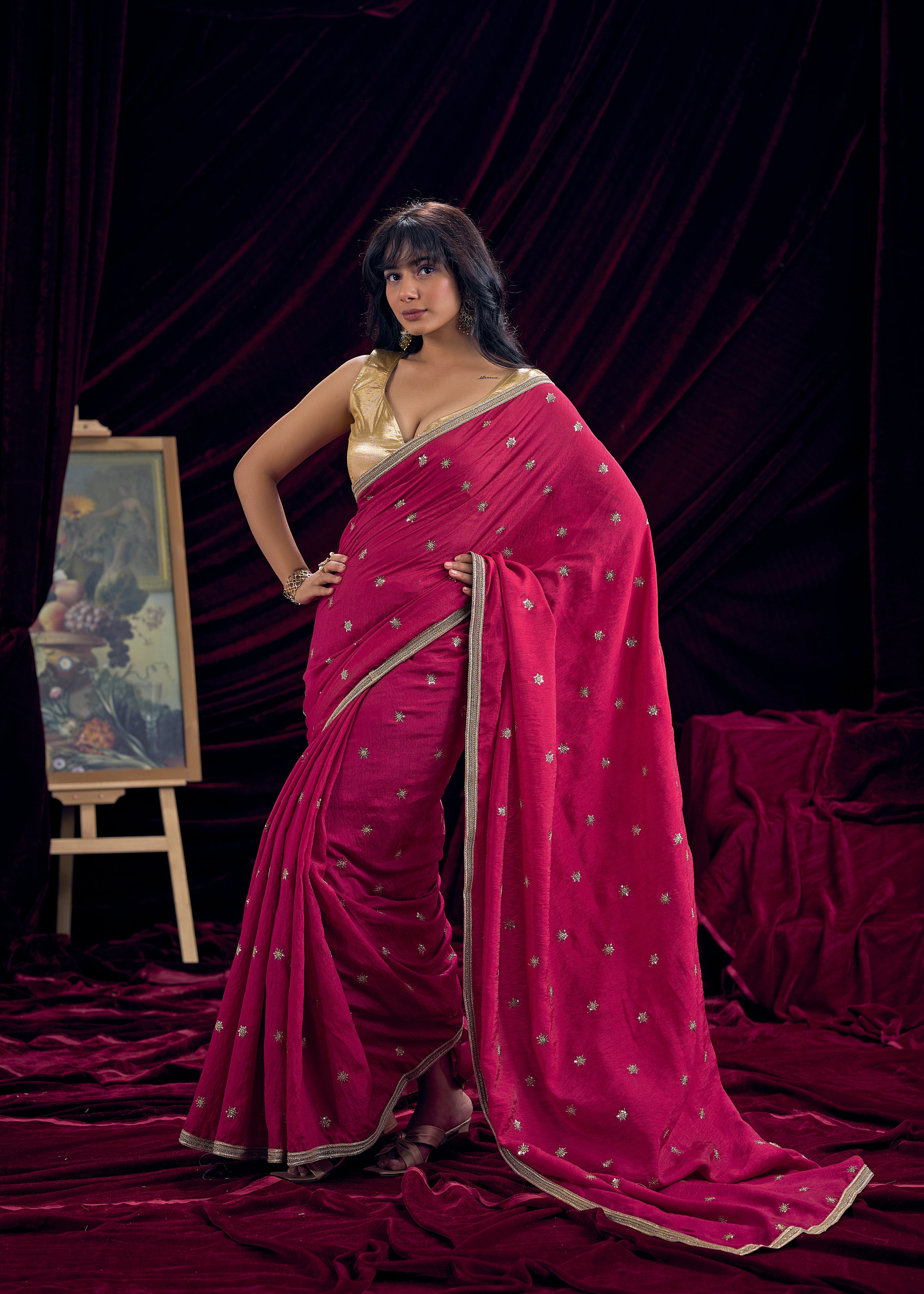 Gilded Magenta Embellished Premium Silk Saree