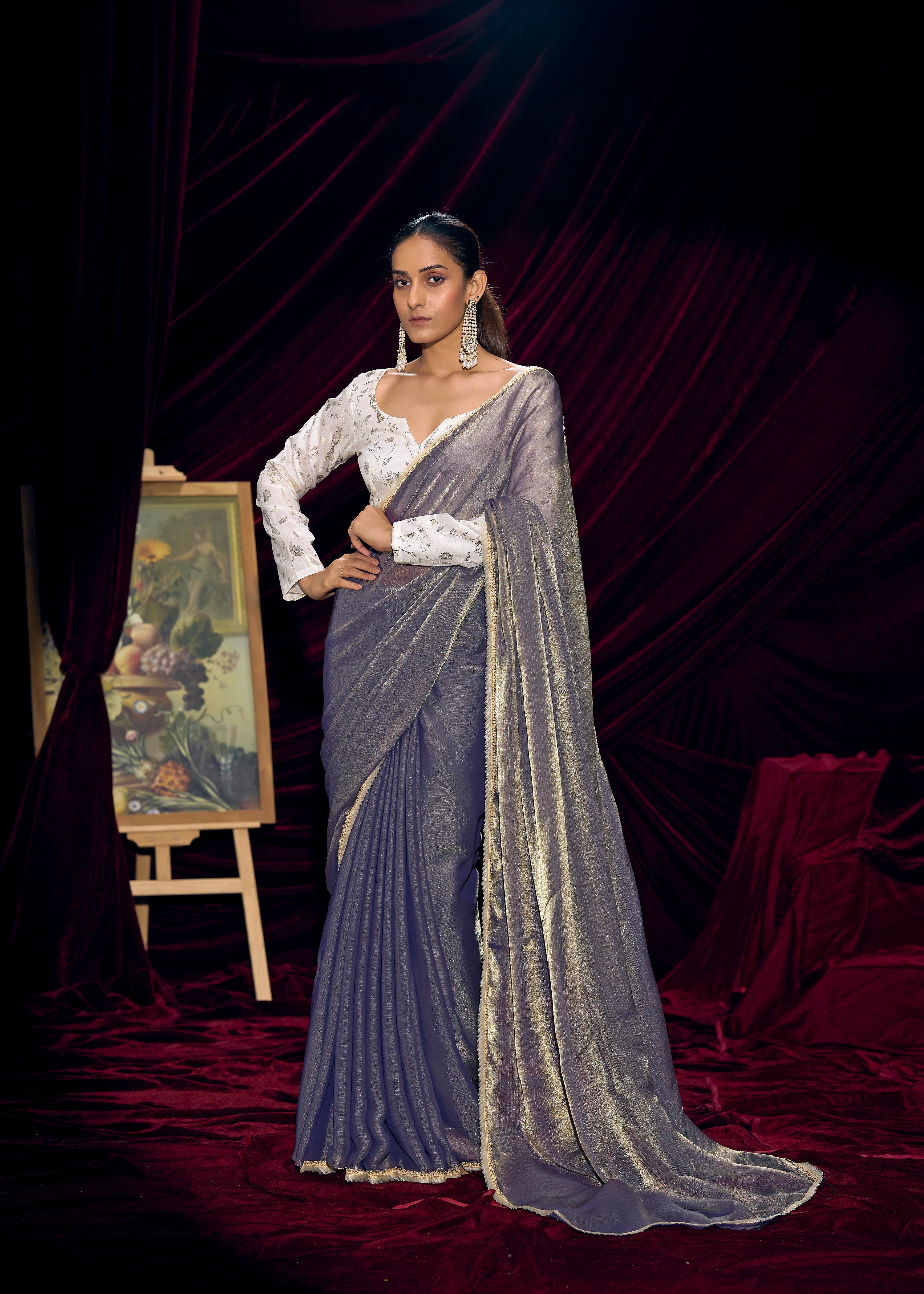 Slate Mist Embellished Tissue Silk Saree