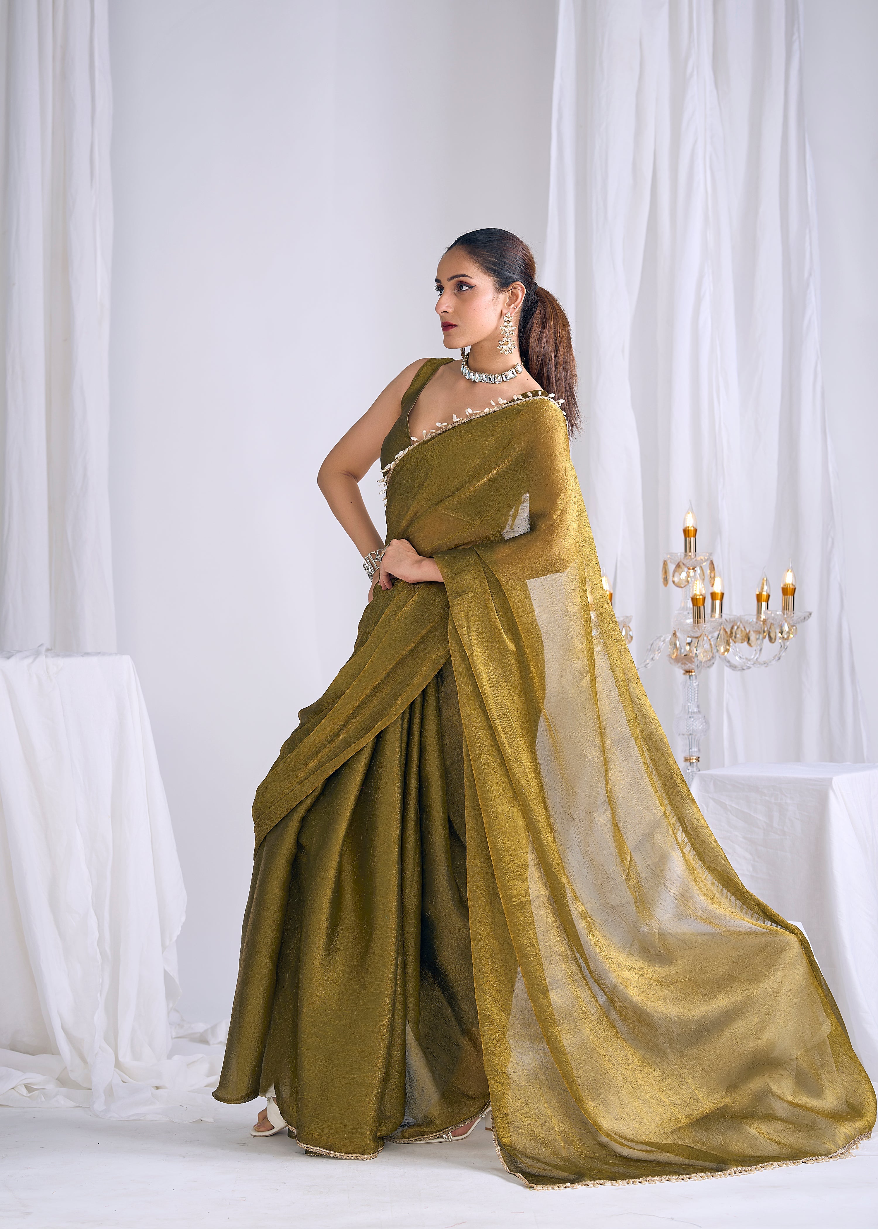 Olive Gold Embellished Premium Silk Saree