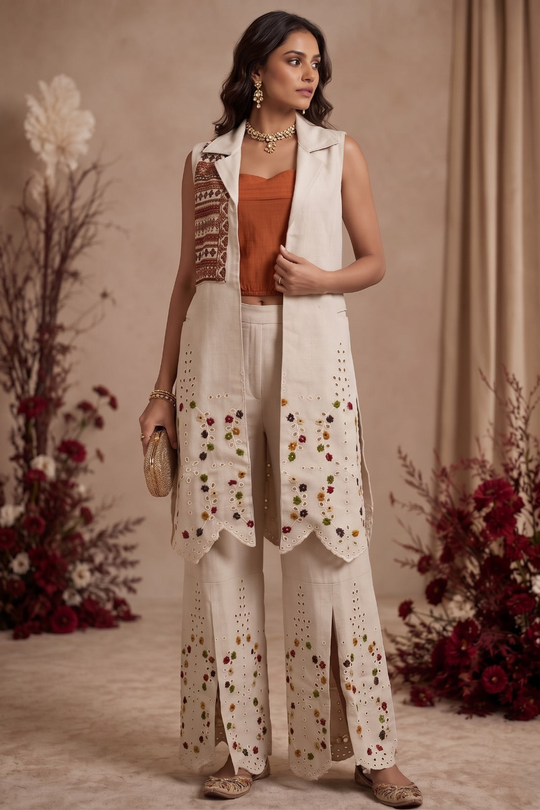 Rust Beige Woven Cotton Tweed Co-Ord Set