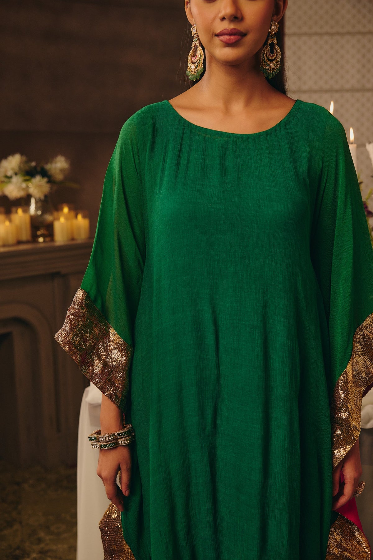 Dark Green Lace Emebellished Chinon Silk Kaftan Set