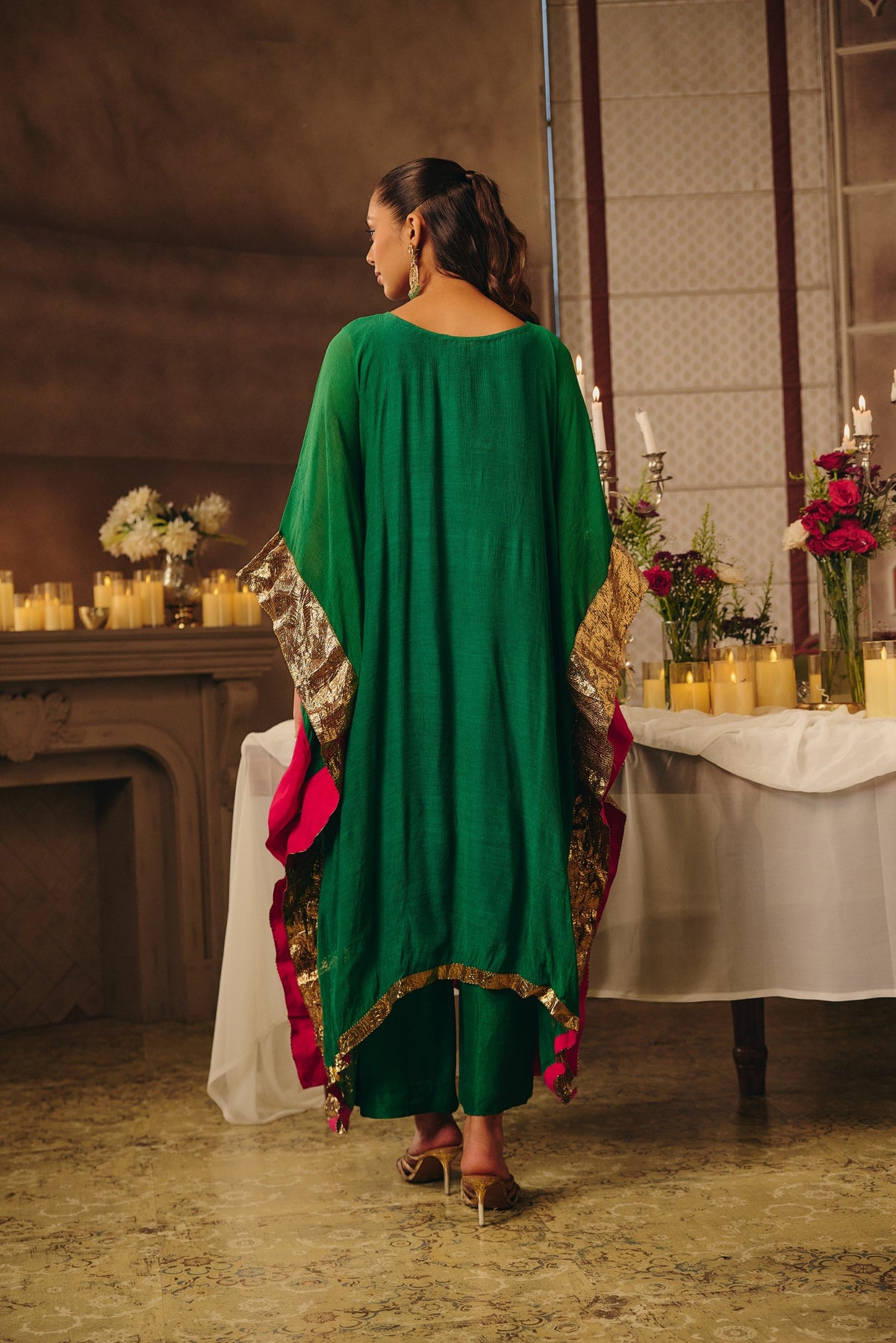 Dark Green Lace Emebellished Chinon Silk Kaftan Set
