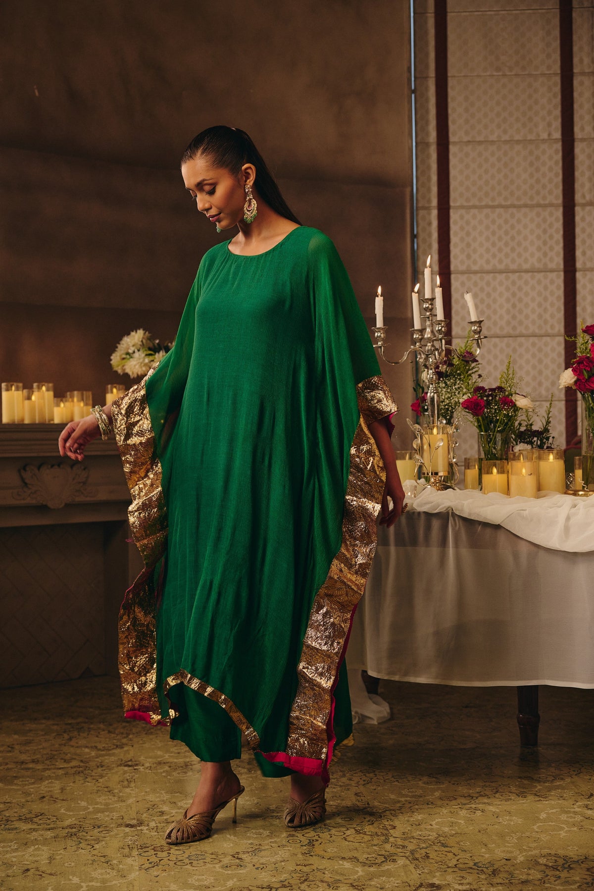 Dark Green Lace Emebellished Chinon Silk Kaftan Set