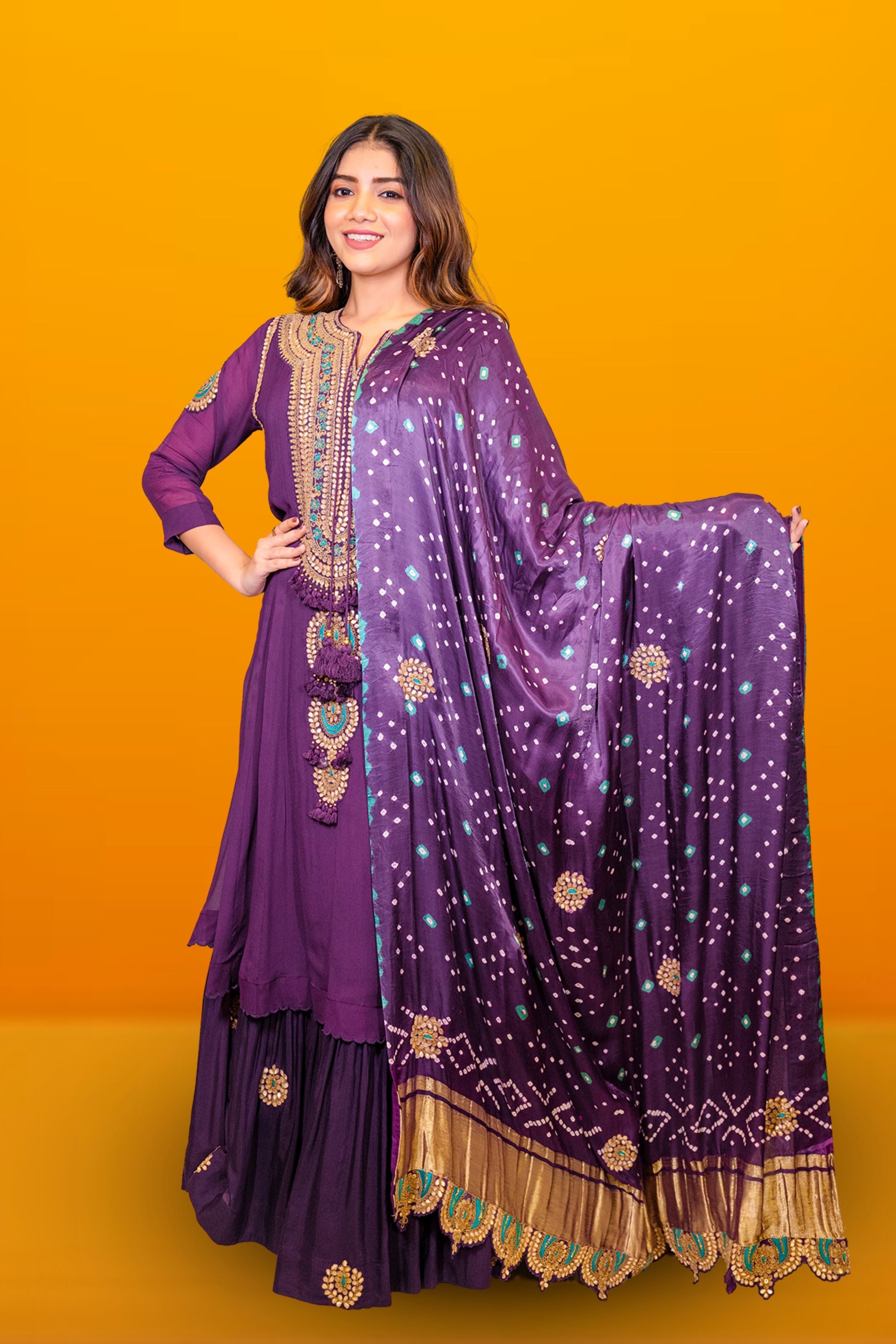 Dark Purple Embellished Georgette Silk Anarkali Set