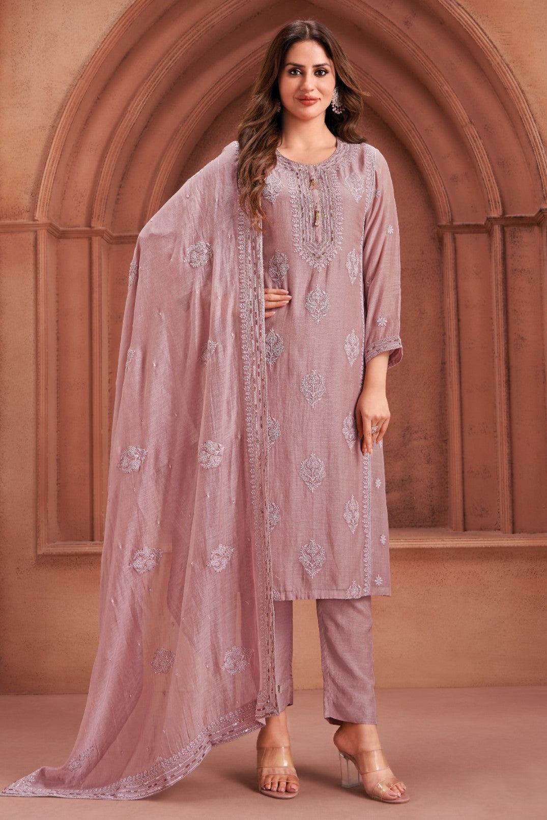 Dusty Mauve Embellished Raw Silk Kurta Pant Set