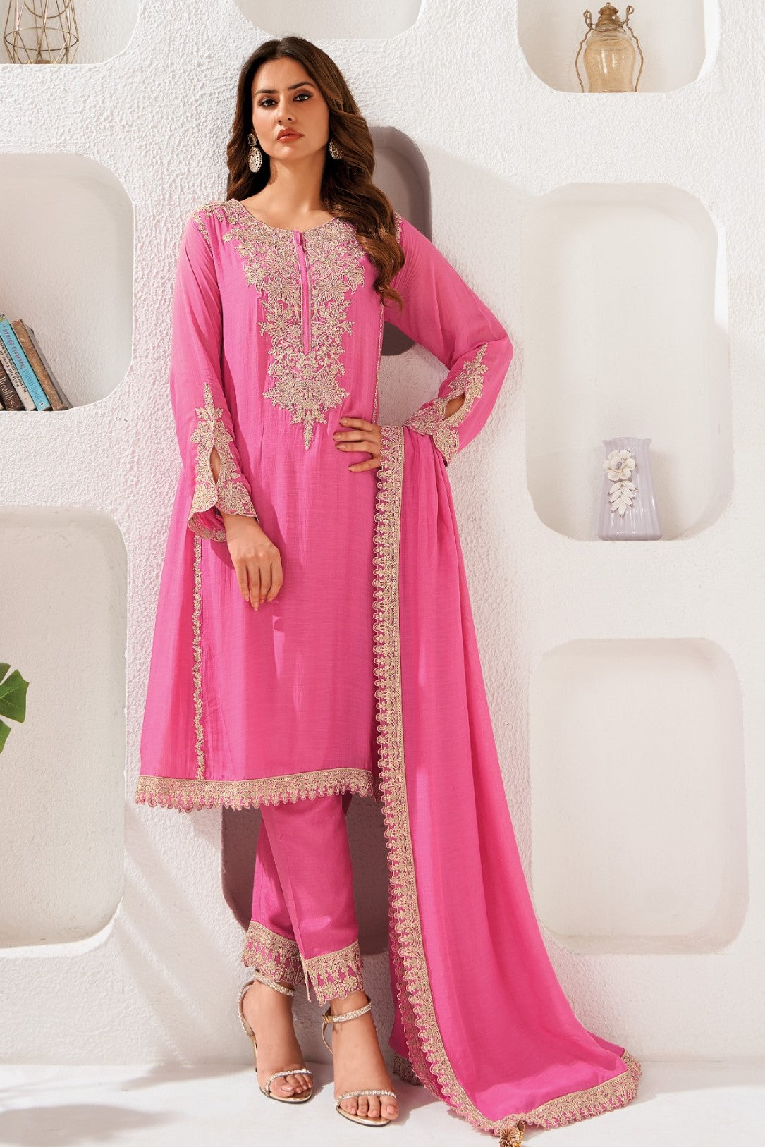 Radiant Pink Embellished Raw Silk Kurta Pant Set