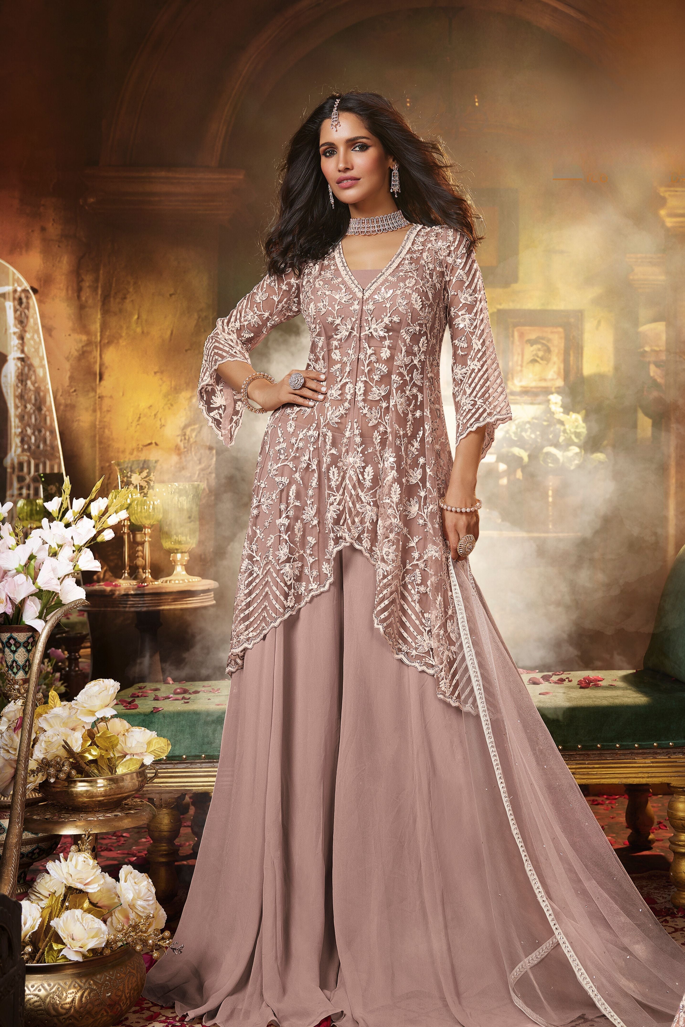 Creamy Peach Embellished Swiss Georgette Silk Palazzo Set