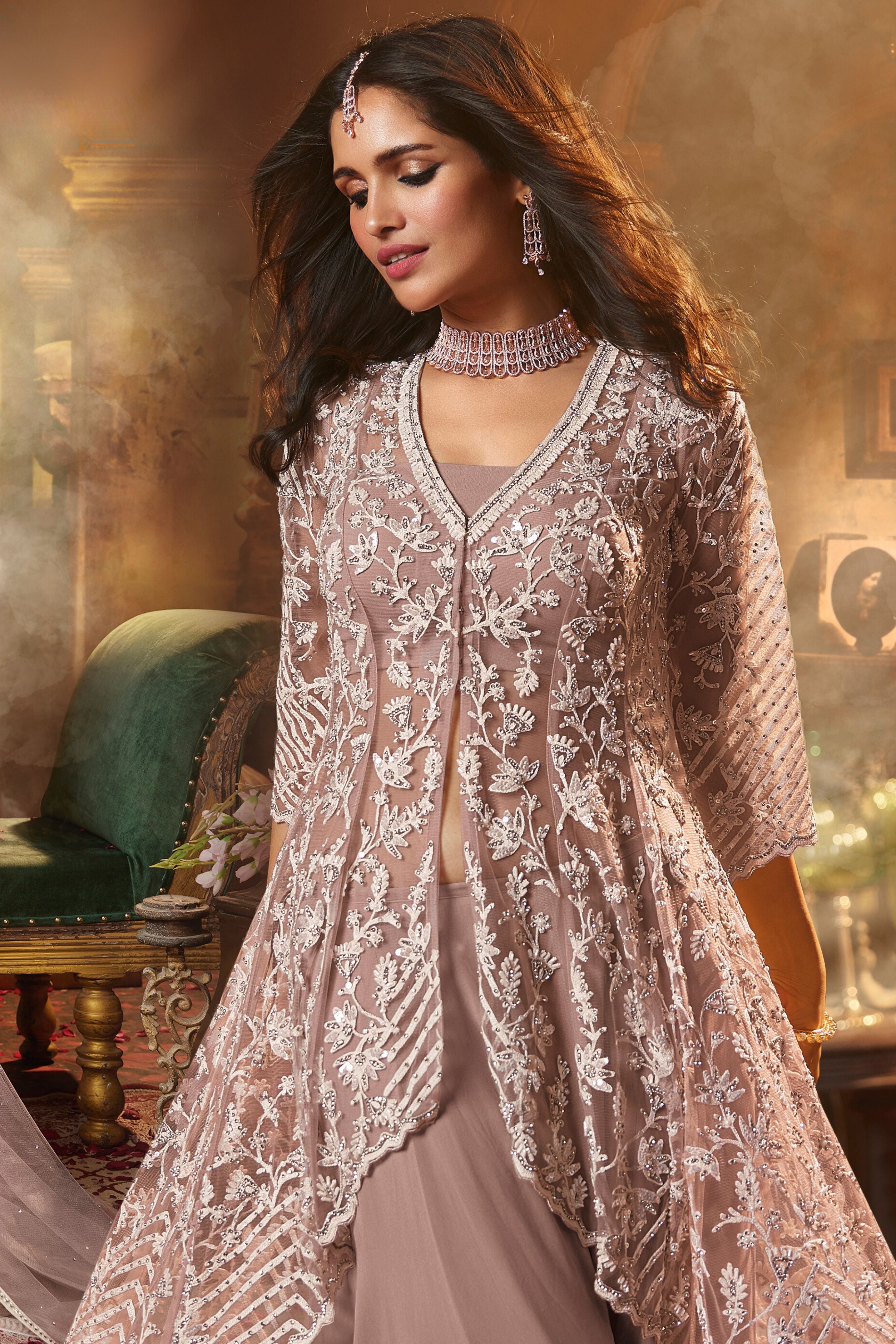 Creamy Peach Embellished Swiss Georgette Silk Palazzo Set