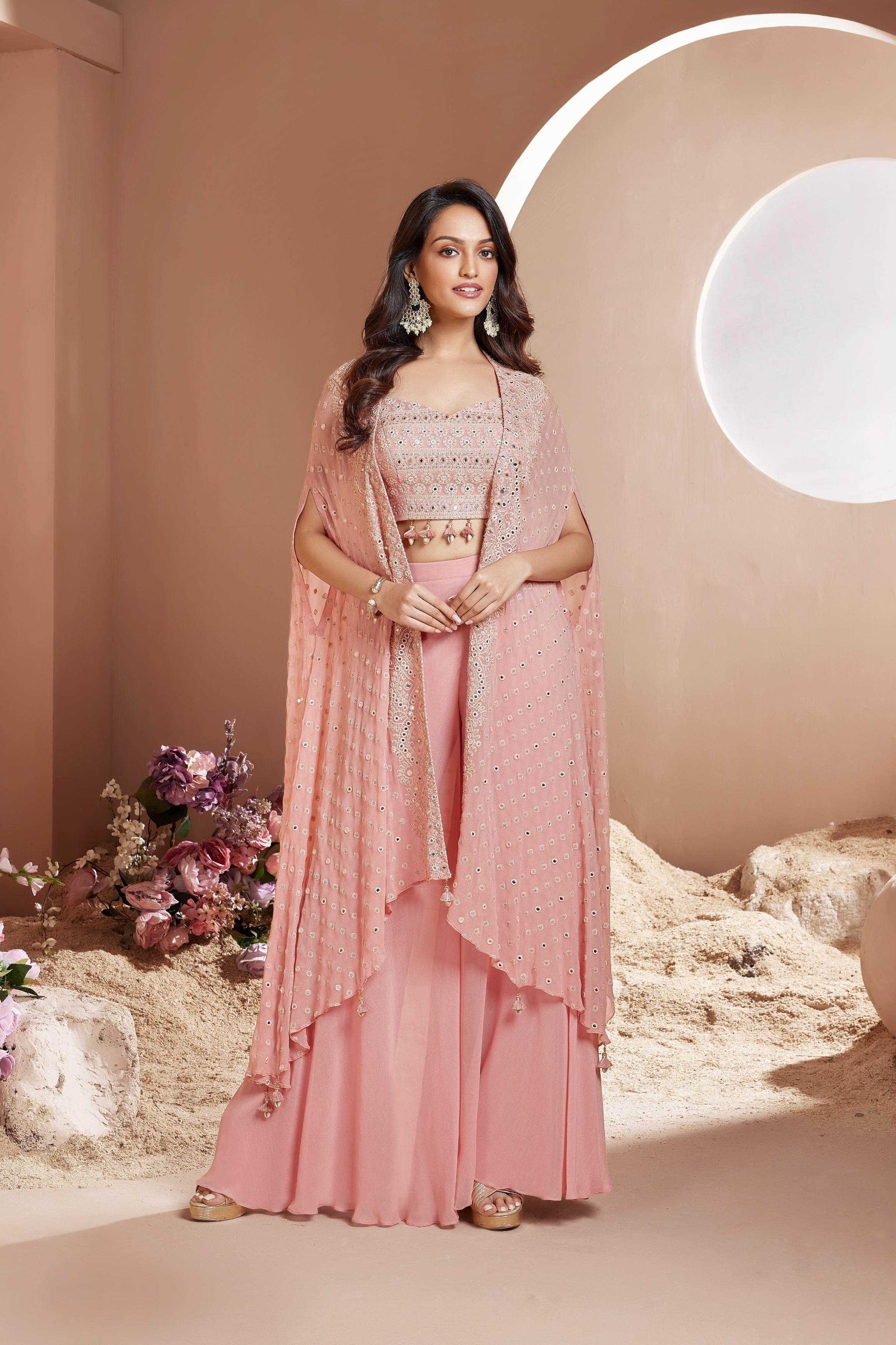 Light Pink Embellished Georgette Silk Cape Set