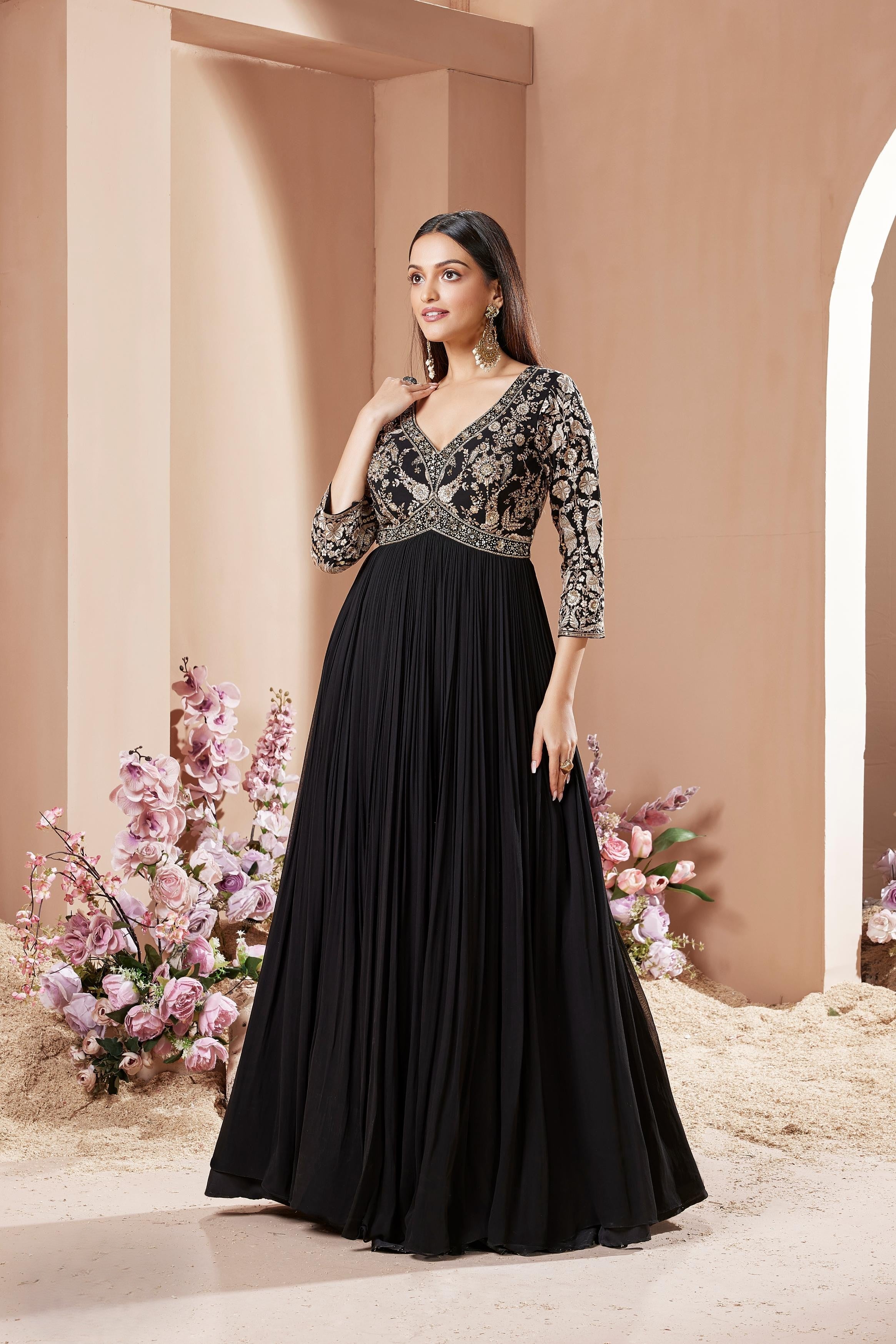 Classic Black Embellished Georgette Silk Anarkali Set