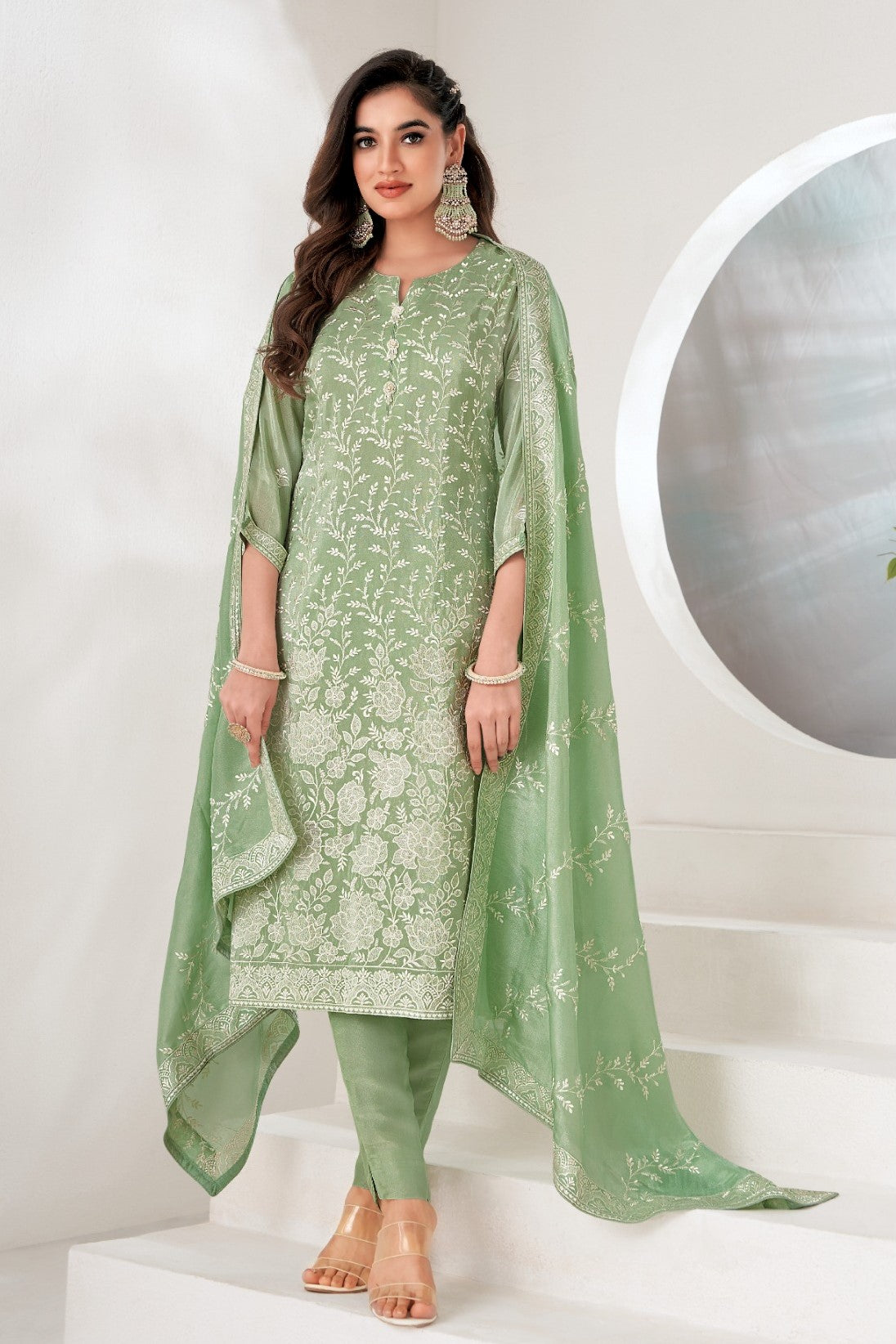 Enchanting Green Embellished Dola Silk Kurta Pant Set