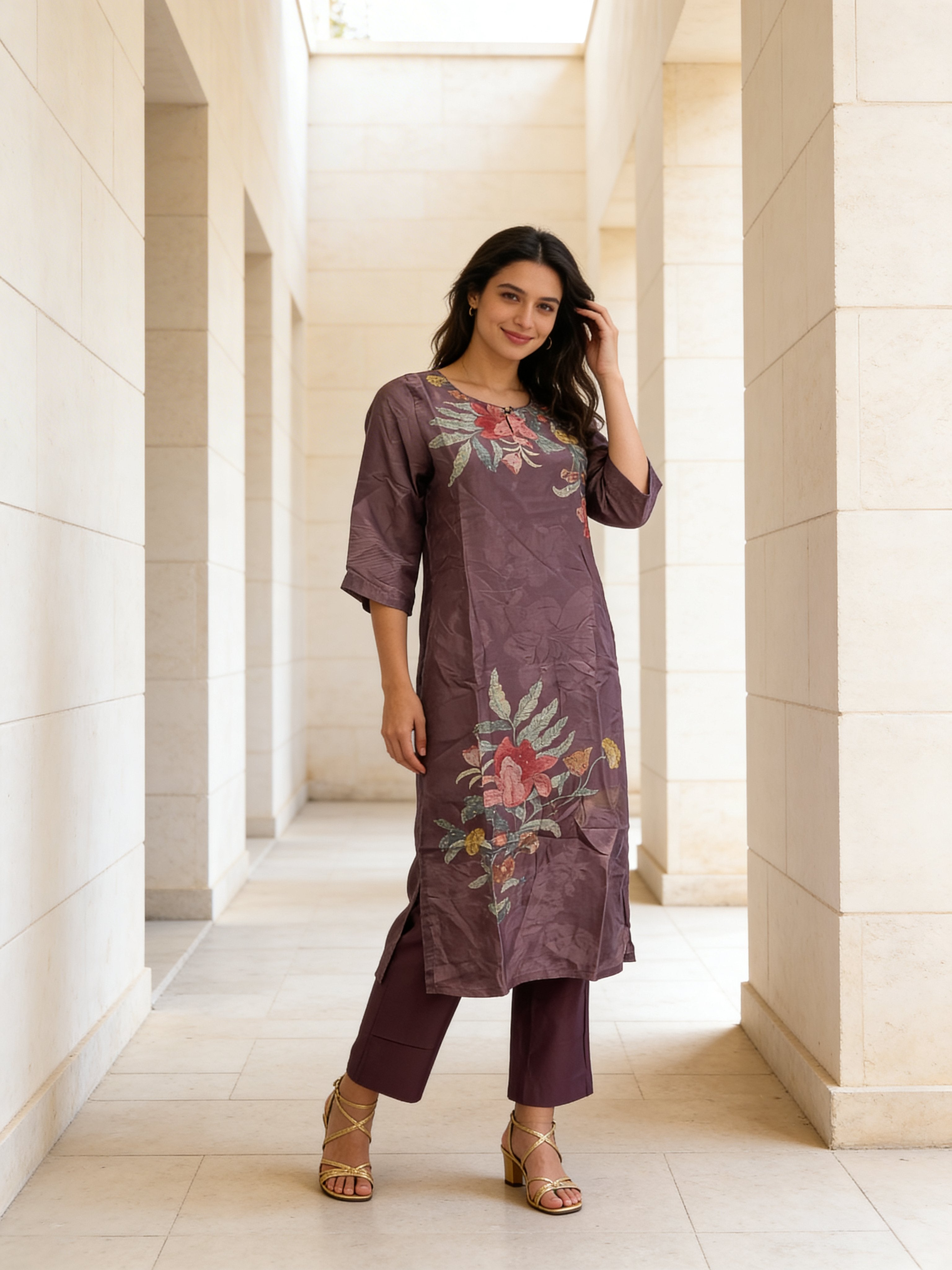 Mauve Printed Crepe Silk Kurta Set