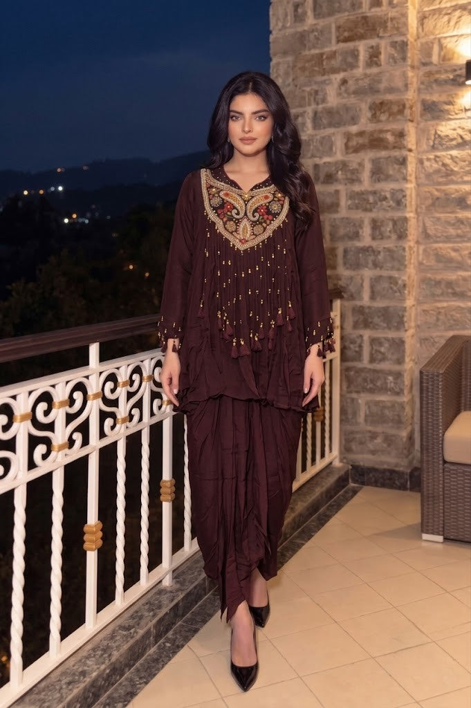 Dark Brown Embellished Chinon Silk Dhoti Set