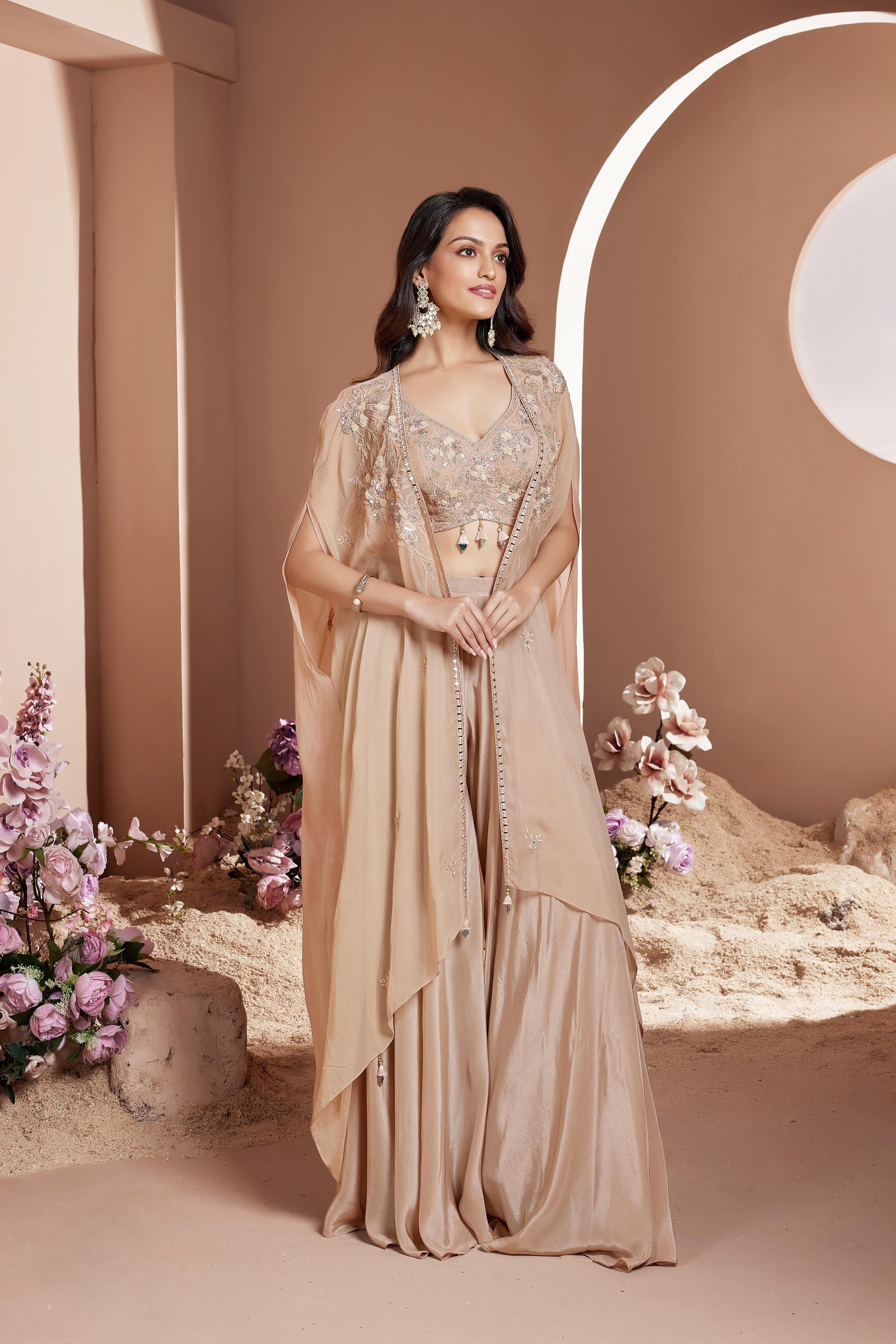 Beige Embellished Georgette Silk Cape Set