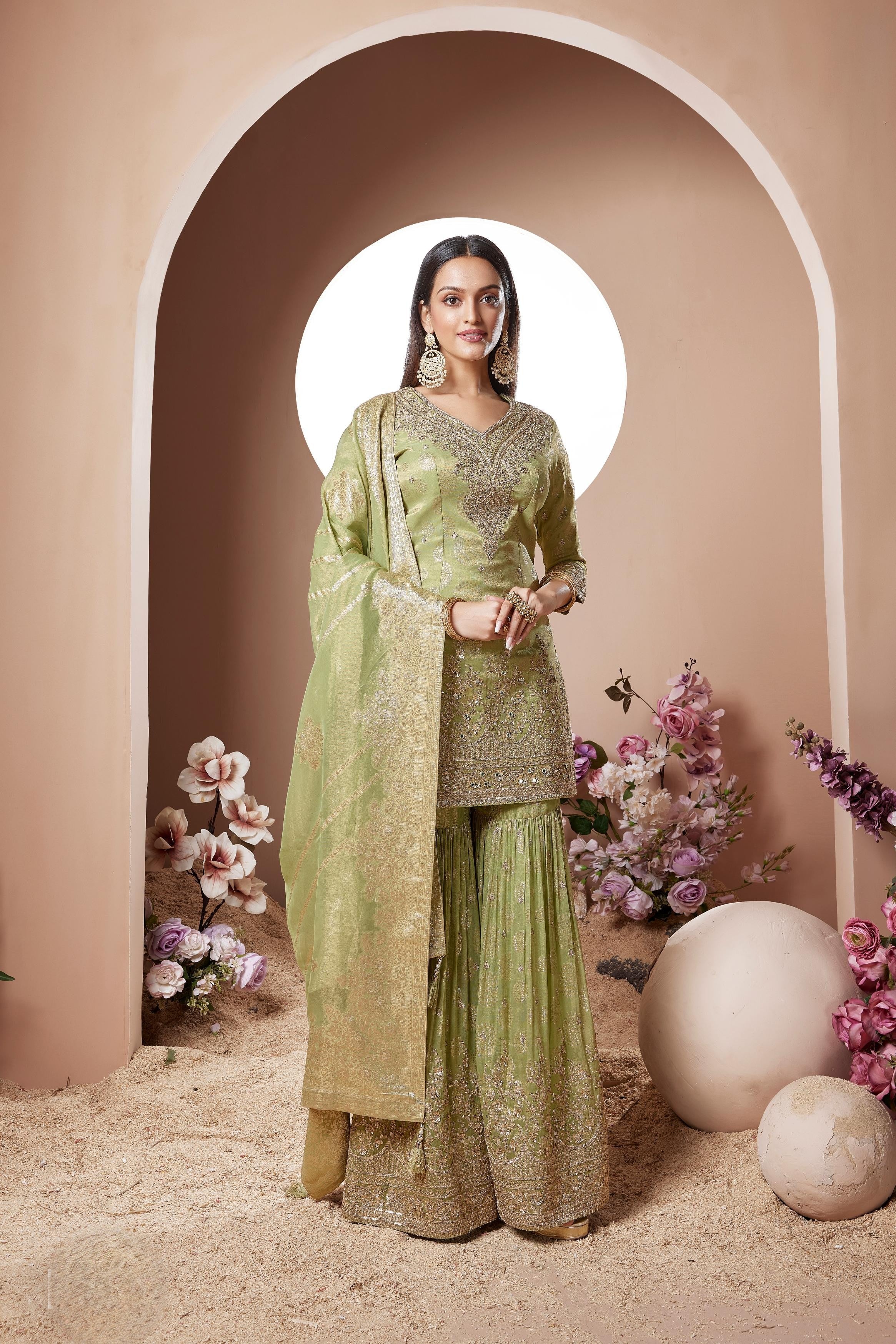 Classic Green Embellished Tissue Glass Silk Sharara Set